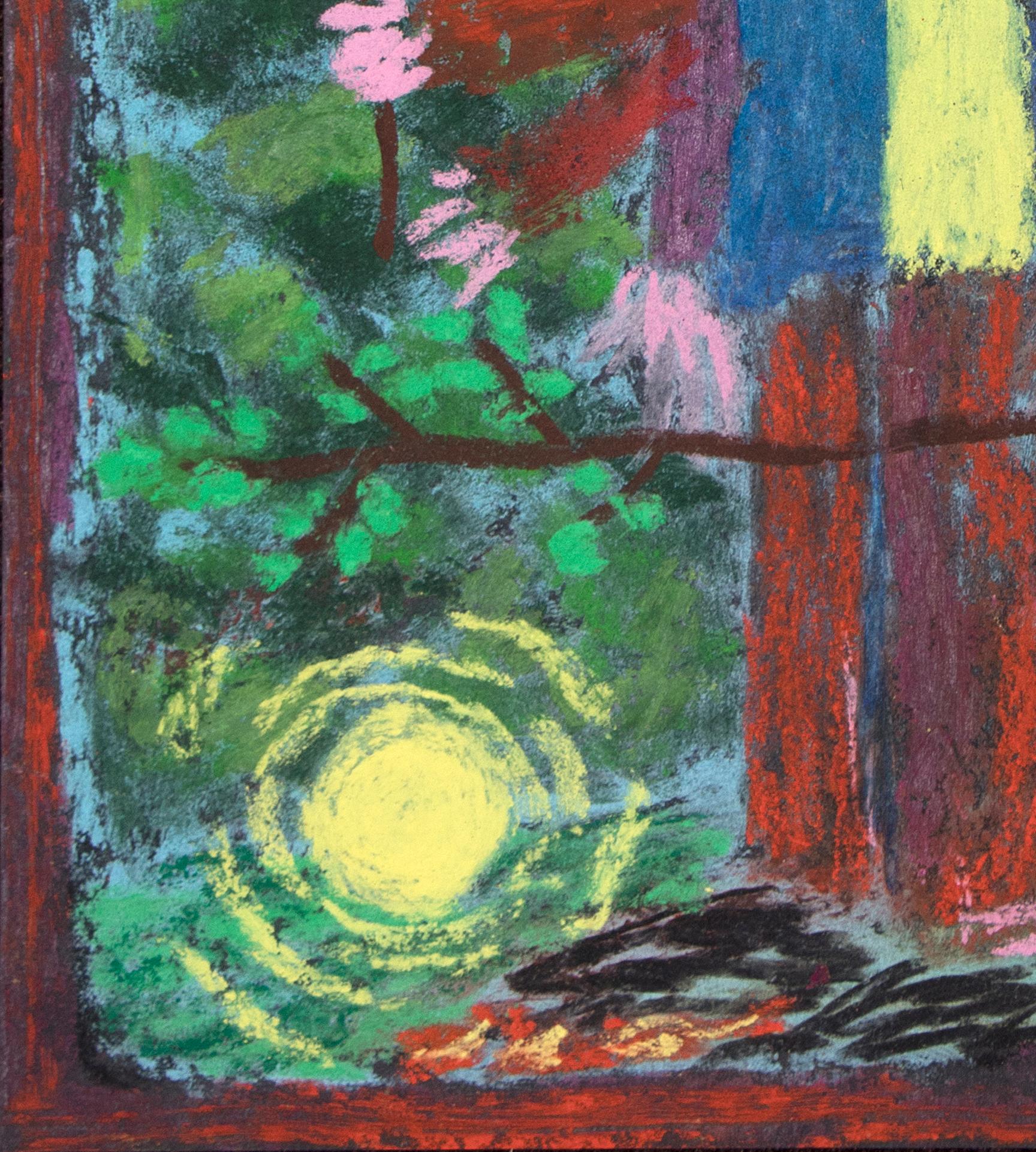 A small intimate pastel drawing paper by Bart Kok of a man in a forrest in the night with a skeleton behind him. 

The works of Bart Kok are based on the belief that the concept of painting should always be painting itself; herefor his work can be