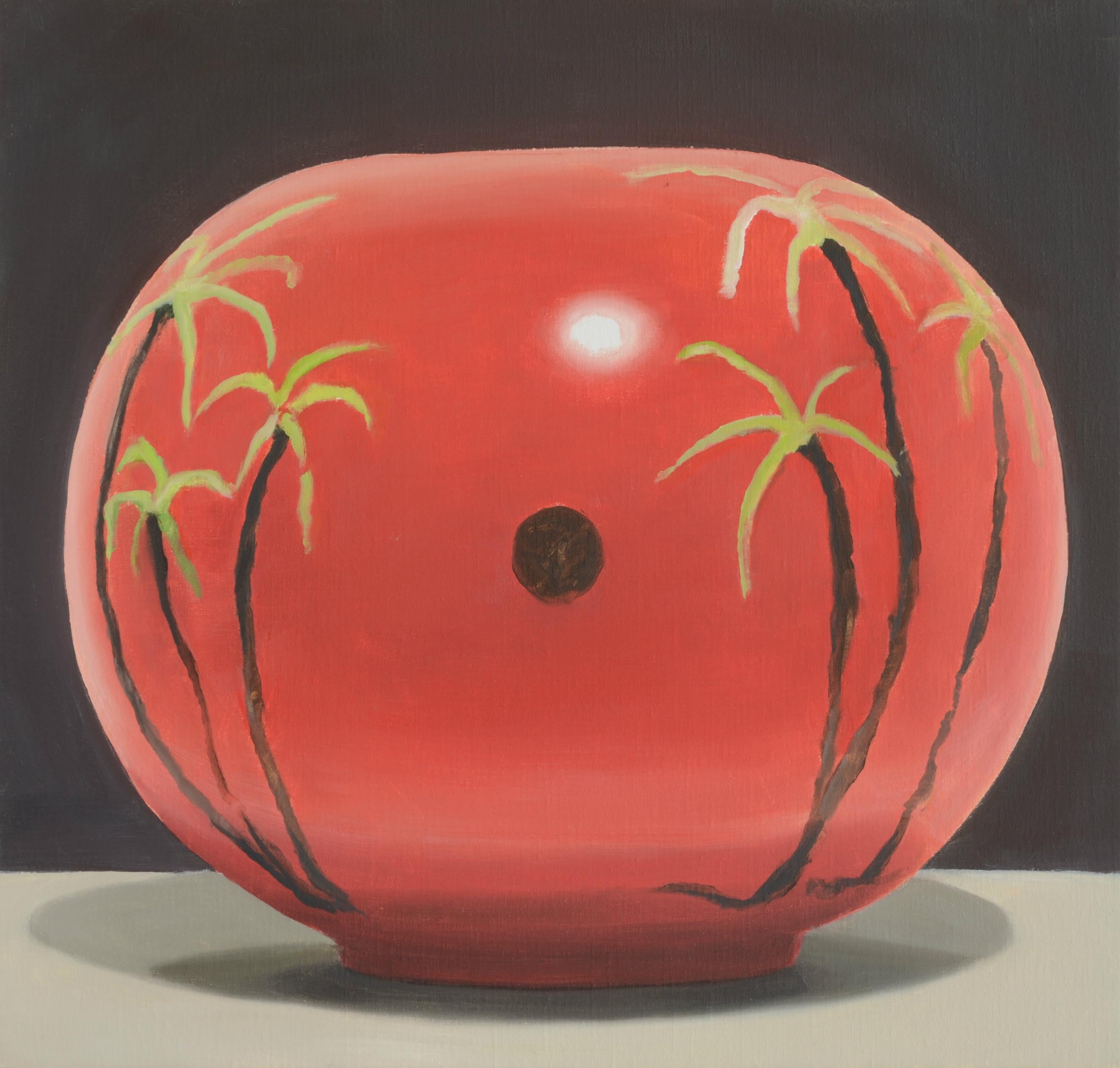 An  oil painting on linen of  a double sundown with palmtrees on a red vase.  

Sincerity and light playfulness coexist within the scope of boyhood in a merely broad yet autobiographical sense within Jasper Hagenaar’s (1977, NL) paintings. Hagenaar