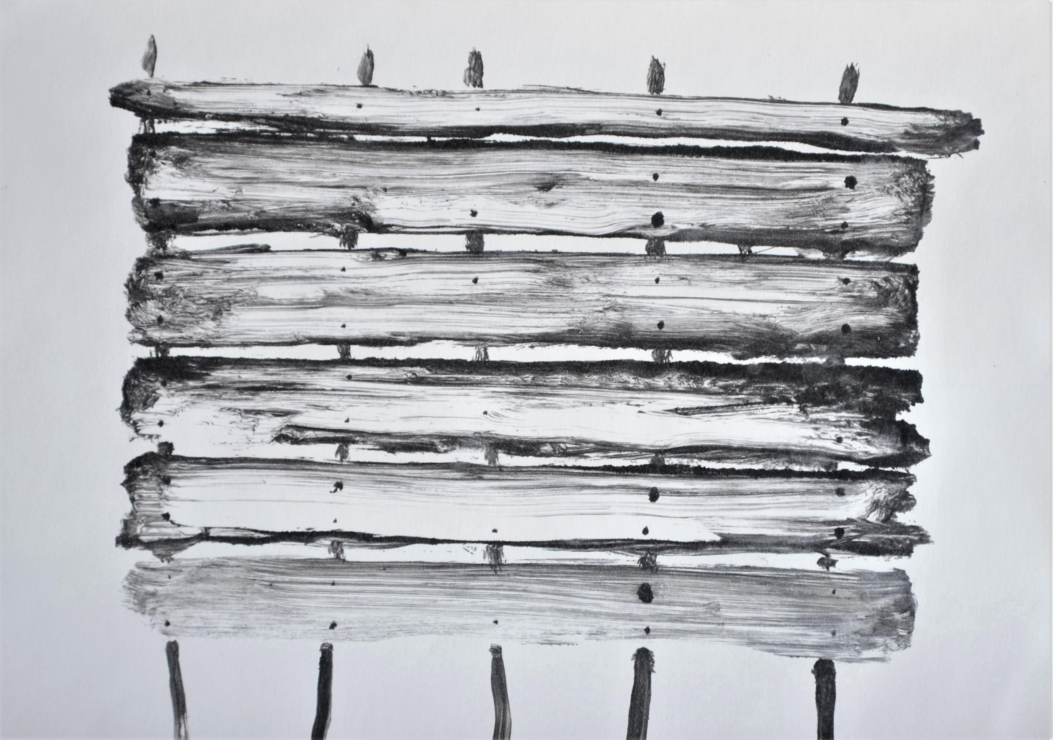 Artist Jasper Hagenaar made unique monotypes. The monoprints are works in black acrylic paint pressed on paper (21 x 29,5 cm) based upon previous paintings. This a a work of a wooden fence in a landscape. Signed on the back.

Over the last decade