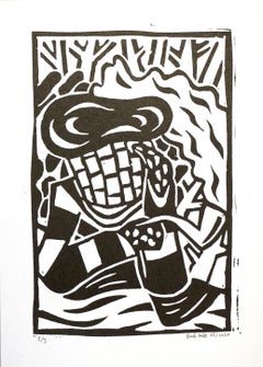 Bart Kok, Untitled (linocut print of a pipe smoking figure in black and white)