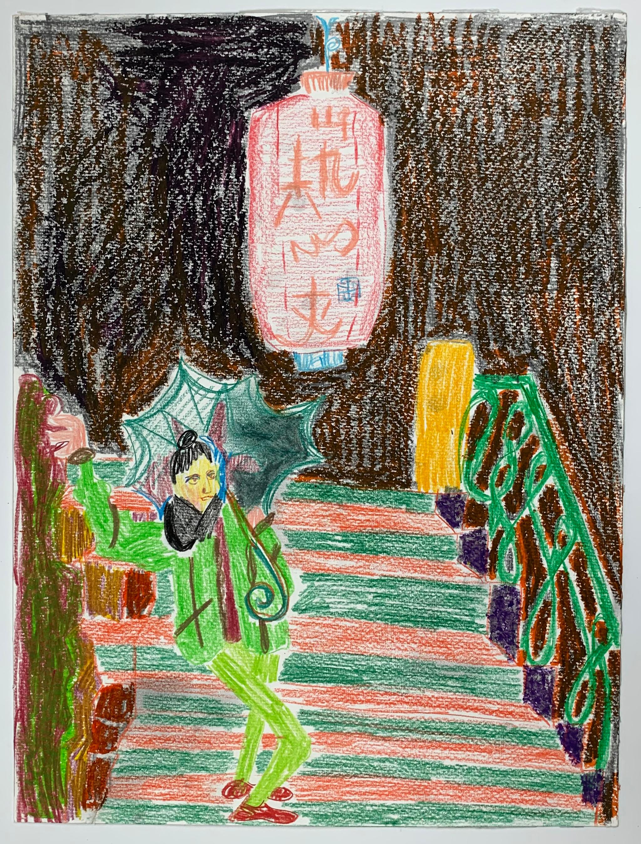 A self-portrait of the artist in Tokyo. She is standing on stairs with a typical asian umbrella and above her is a lamp with signs. The drawing is made with pastel and pencil and is unique. 

Tanja Ritterbex has been called the Lady Gaga of