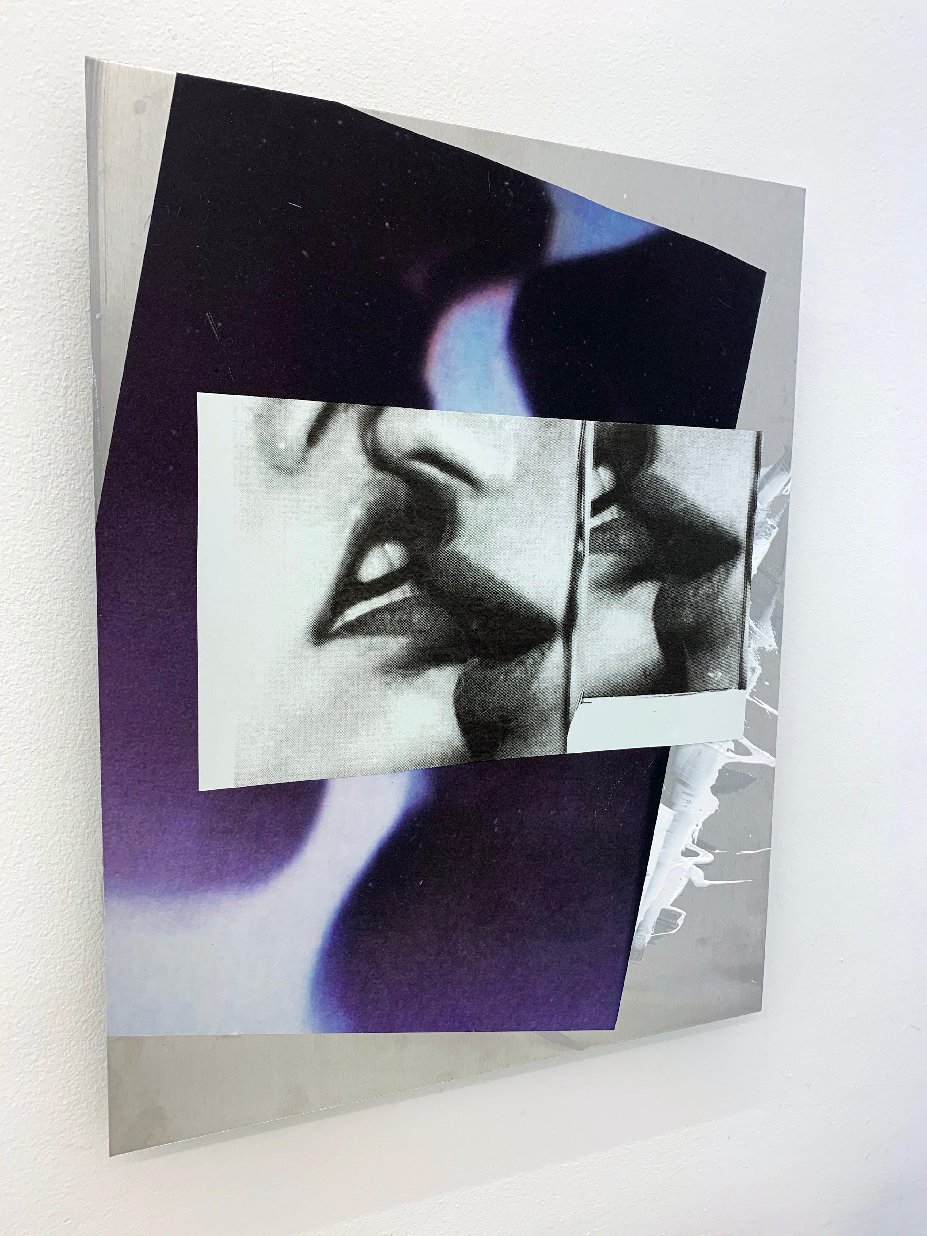 A collage & silkscreen mounted on aluminum of two girls kissing each other. The work is reflective because of the aluminium and that's why it's hard to photograph, but makes a spectacular piece when you see it in real life. 

Hannah Perry’s collages