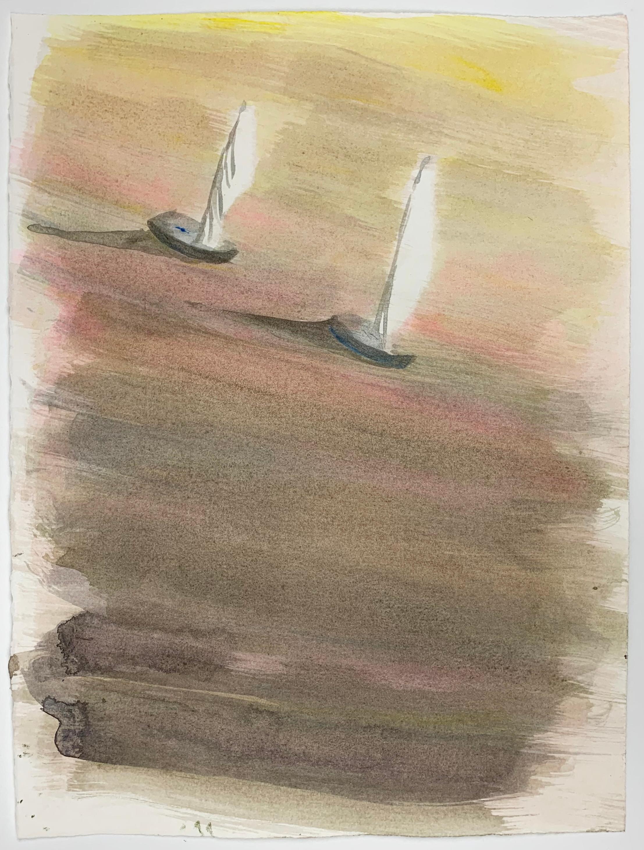 A drawing of a sea-landscape with two sailing boats by Jasper Hagenaar. A beautiful work on paper with the sun reflecting on the water and two sailing boats sailing away. 

Sincerity and light playfulness coexist within the scope of boyhood in a