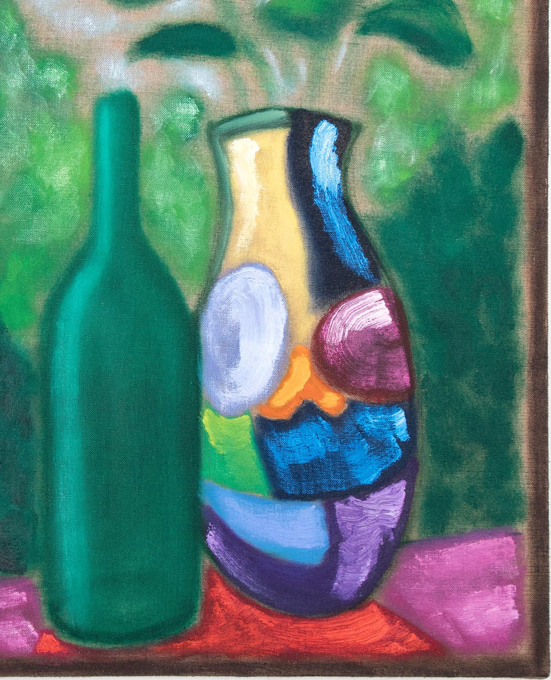 The painting by Bart Kok depicts still-life with a vase with flowers and a bottle. Nice colors and textures. 
 

The paintings of Bart Kok are based on the belief that the concept of painting should always be painting itself; herefor his work can be
