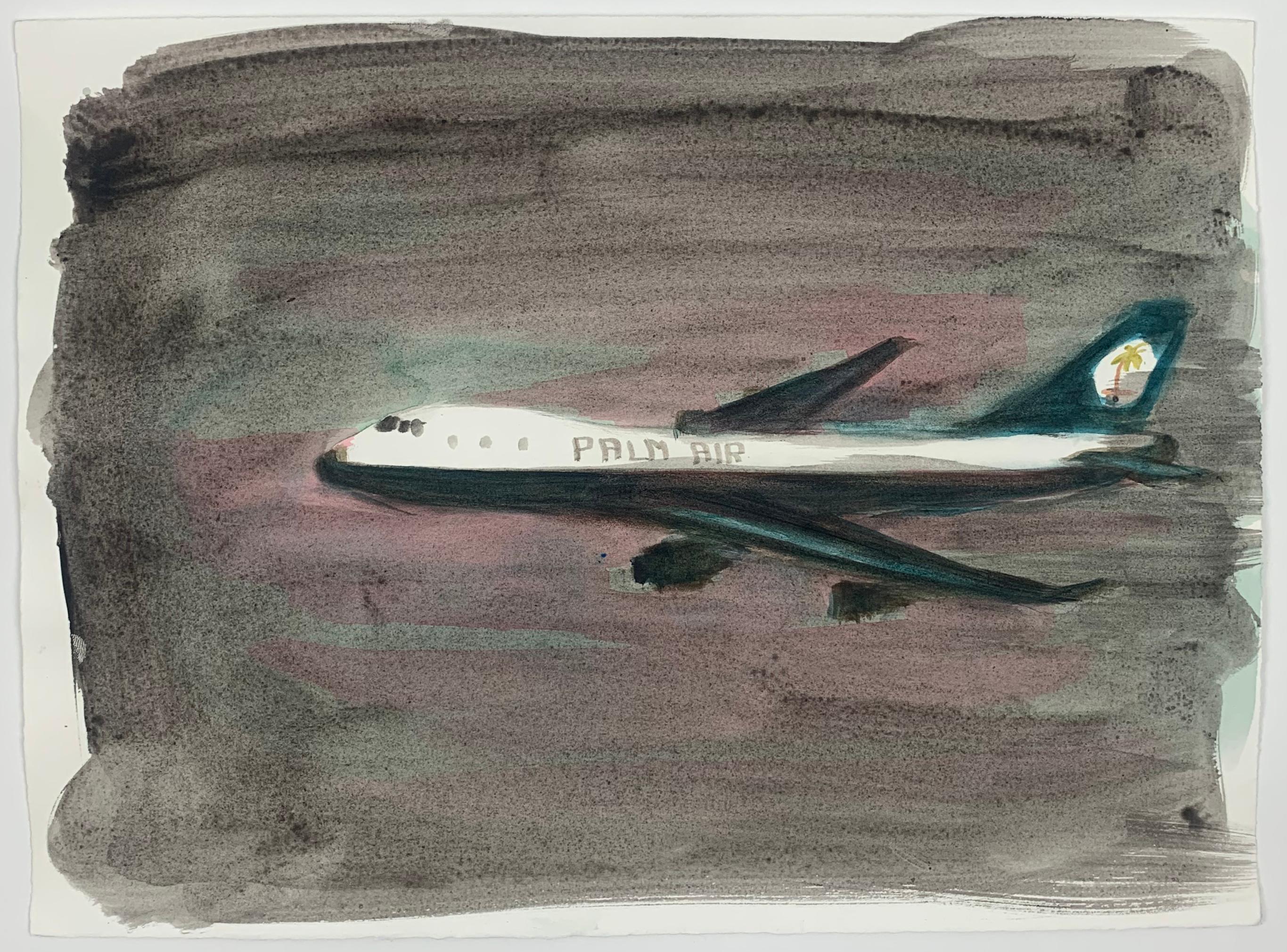 A watercolor of a Palm Air airplane (jumbo jet), flying through the night. 


Sincerity and light playfulness coexist within the scope of boyhood in a merely broad yet autobiographical sense within Jasper Hagenaar’s (1977, NL) paintings. Hagenaar