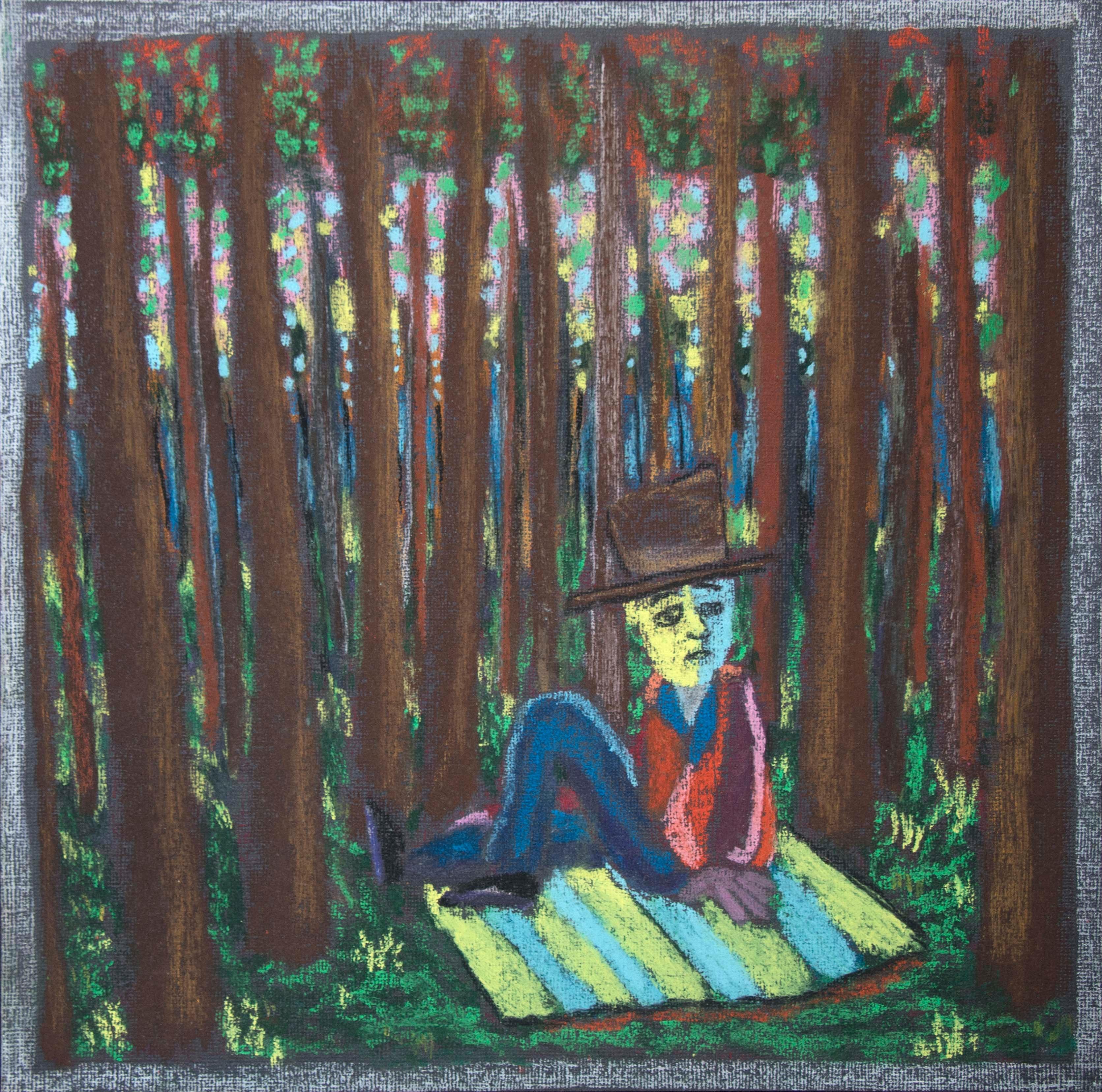 Pastel drawing on black paper by Bart Kok, referring to Van Gogh's manner of expressing emotions within a figurative setting, better known as divisionism. A man sitting on a rug in the middle of the forrest / trees. 

The paintings of Bart Kok are