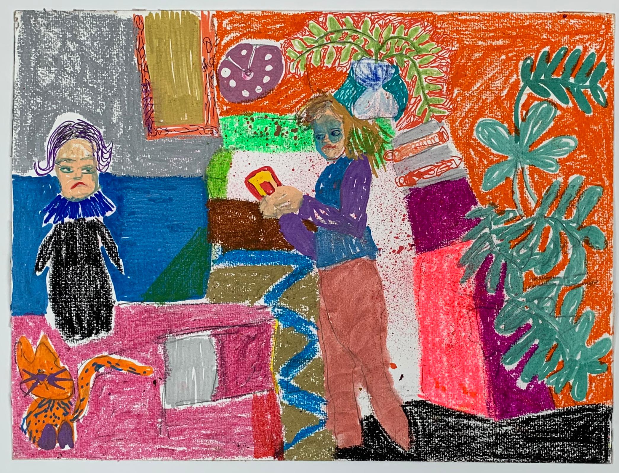 A colorful oil pastel drawing depicting a self portrait of the artist in her apartment interior. 

Tanja Ritterbex has been called the Lady Gaga of contemporary art. She makes bolds paintings, videos (vlog's), and performances about her daily life