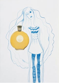 Marliz Frencken (drawing in blue, with Nina Ricci perfume bottle, fashion)