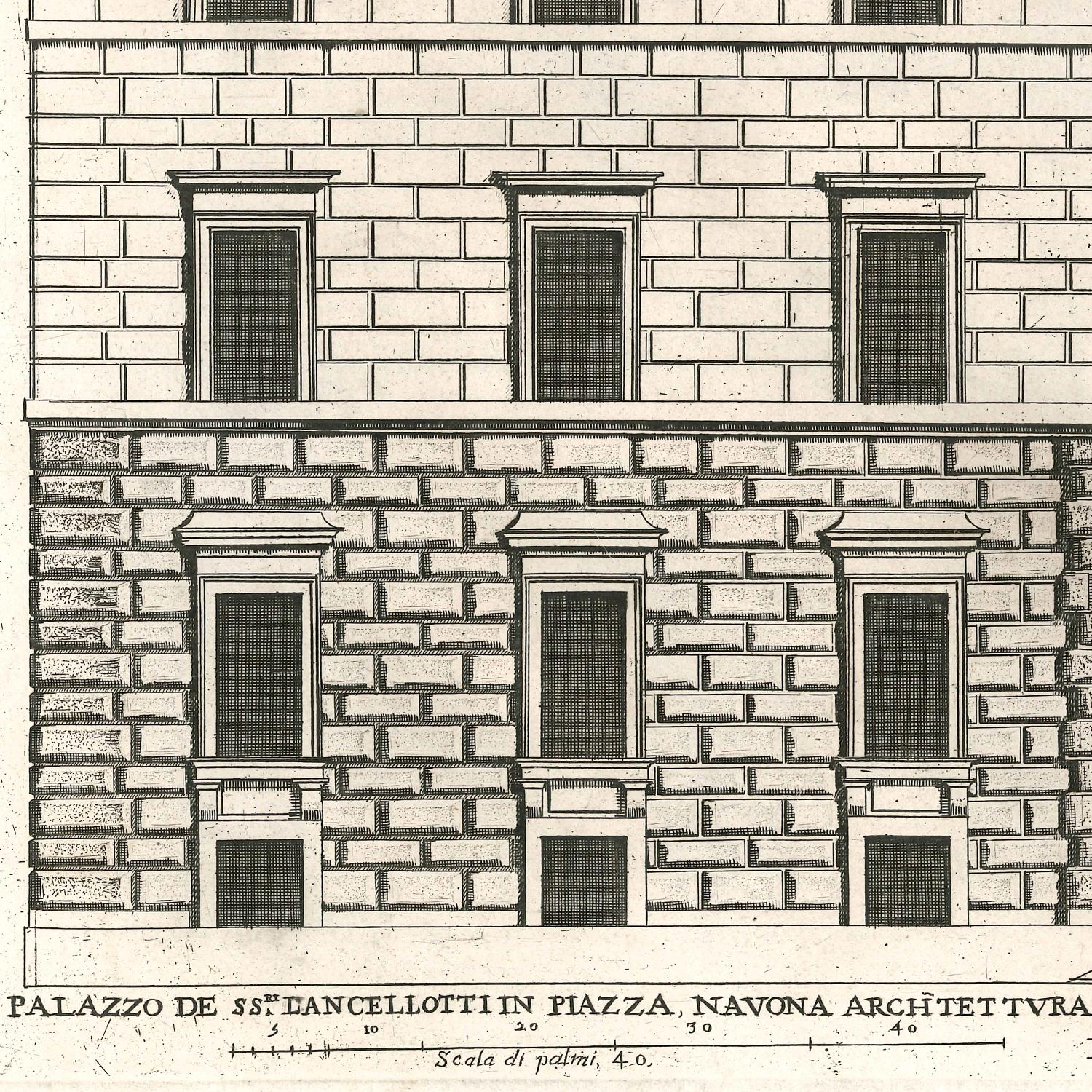 Engraving with the Front View of The Lancellotti's Palace in Rome Piazza Navona - Print by Pietro Ferrerio