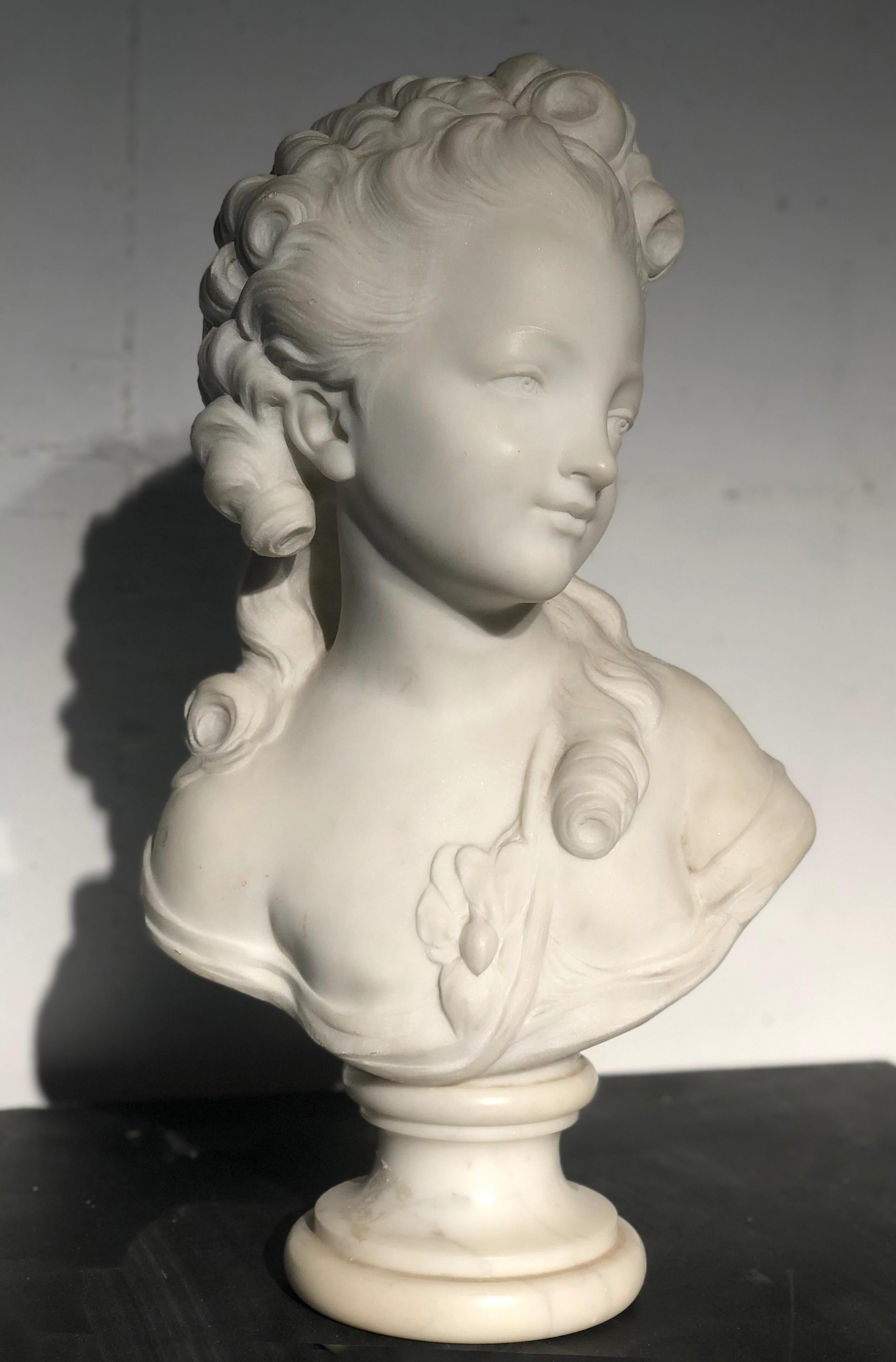 18th Century White Marble Sculpture Bust Young Woman Signed Dated J.B. lemoyne 3