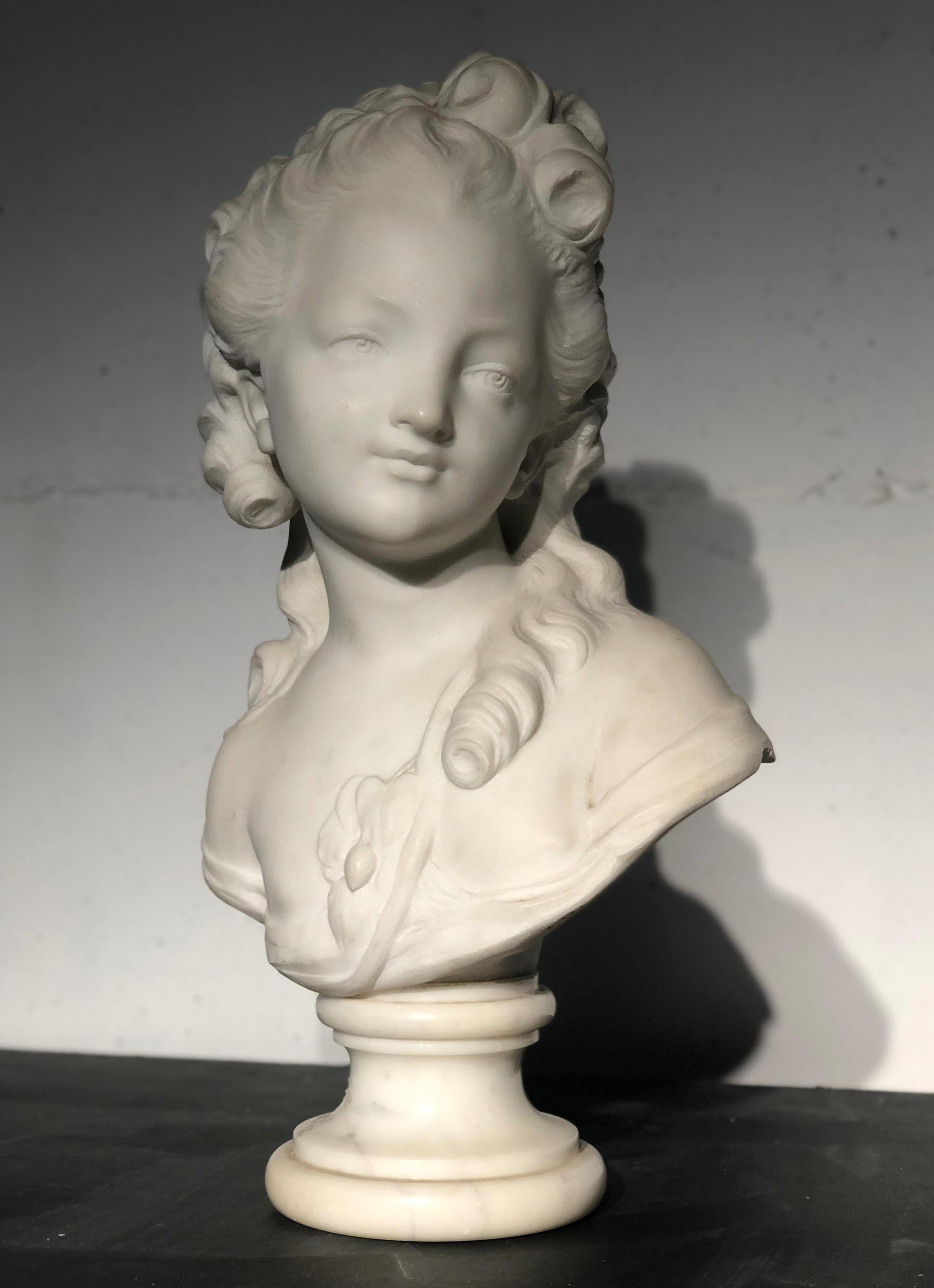 18th Century White Marble Sculpture Bust Young Woman Signed Dated J.B. lemoyne 4