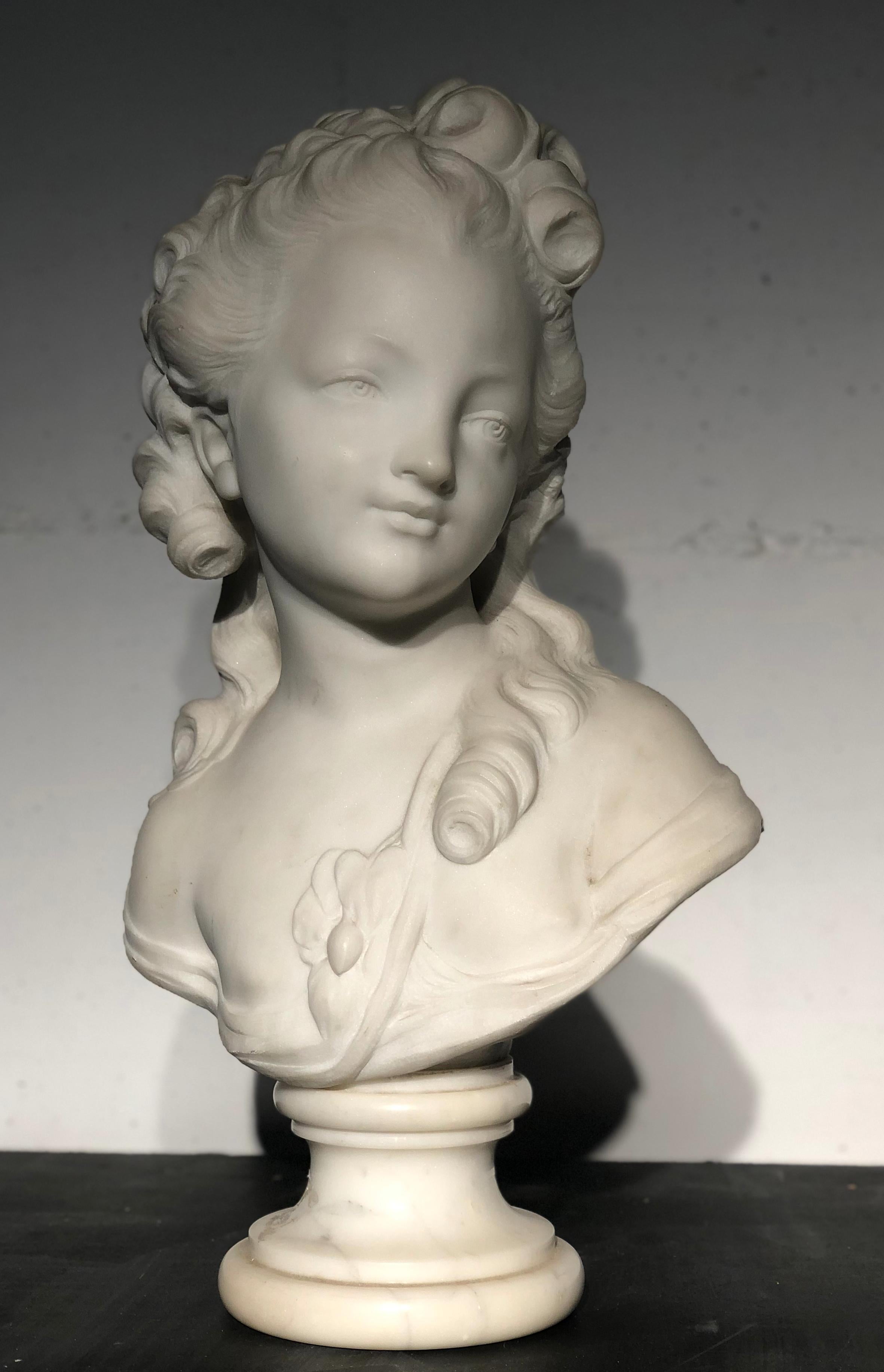 18th Century White Marble Sculpture Bust Young Woman Signed Dated J.B. lemoyne 5