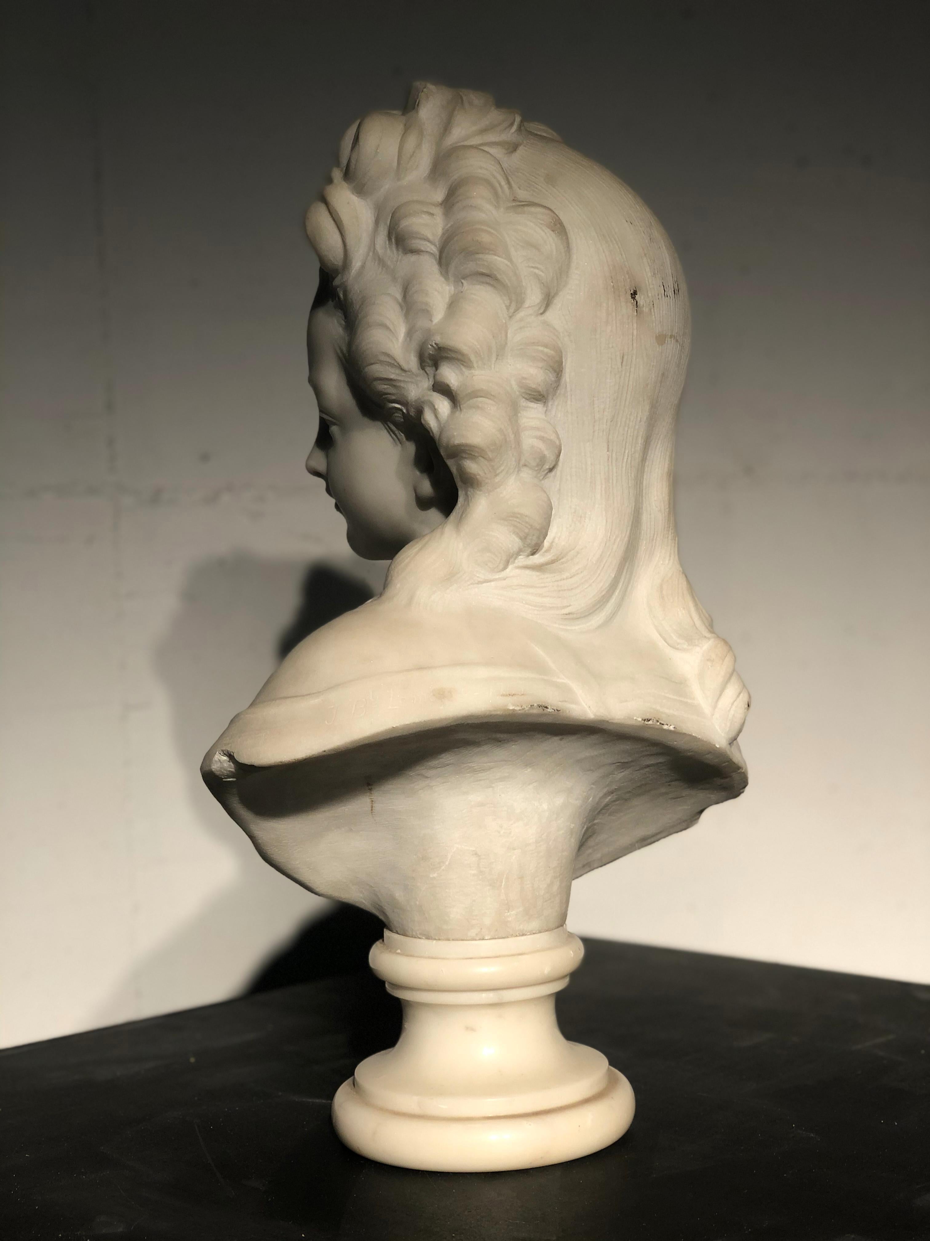 18th Century White Marble Sculpture Bust Young Woman Signed Dated J.B. lemoyne 6