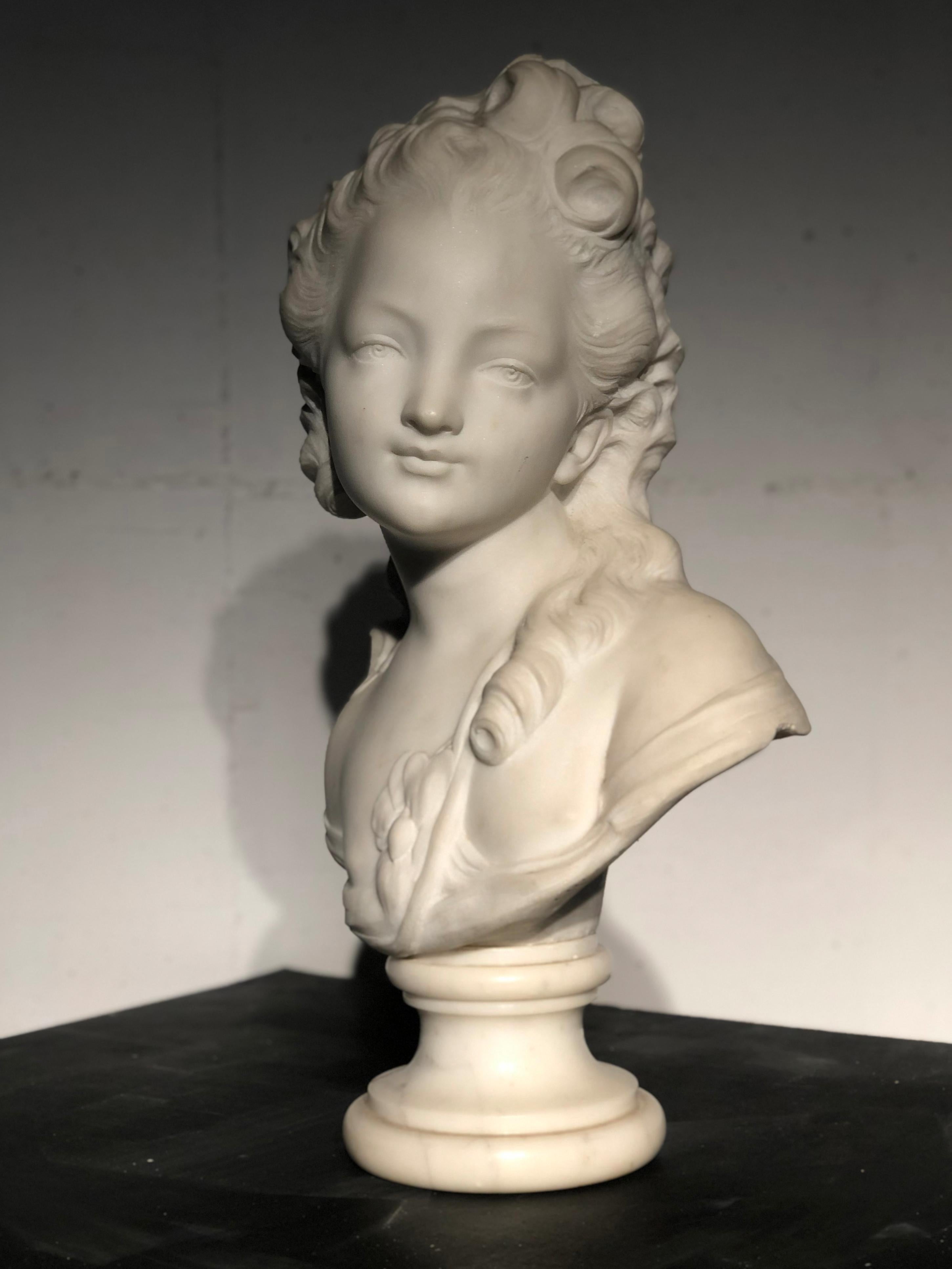 18th Century White Marble Sculpture Bust Young Woman Signed Dated J.B. lemoyne 7