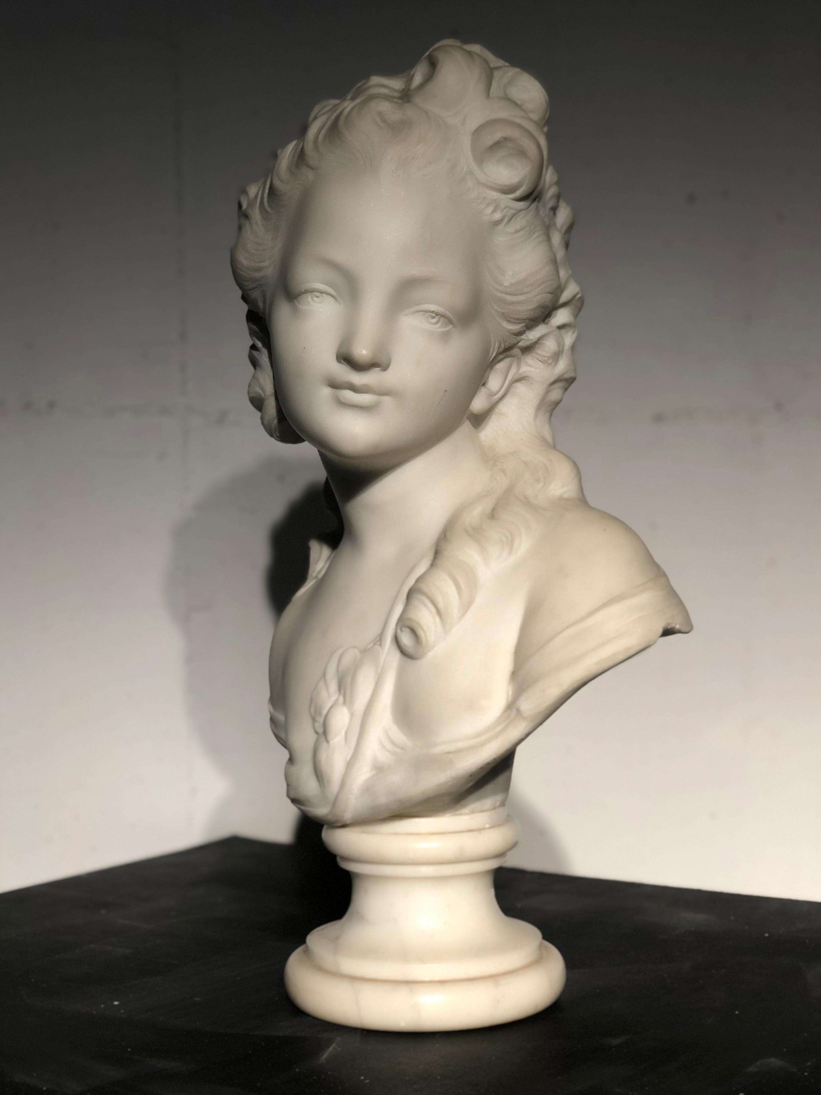 18th Century White Marble Sculpture Bust Young Woman Signed Dated J.B. lemoyne 9