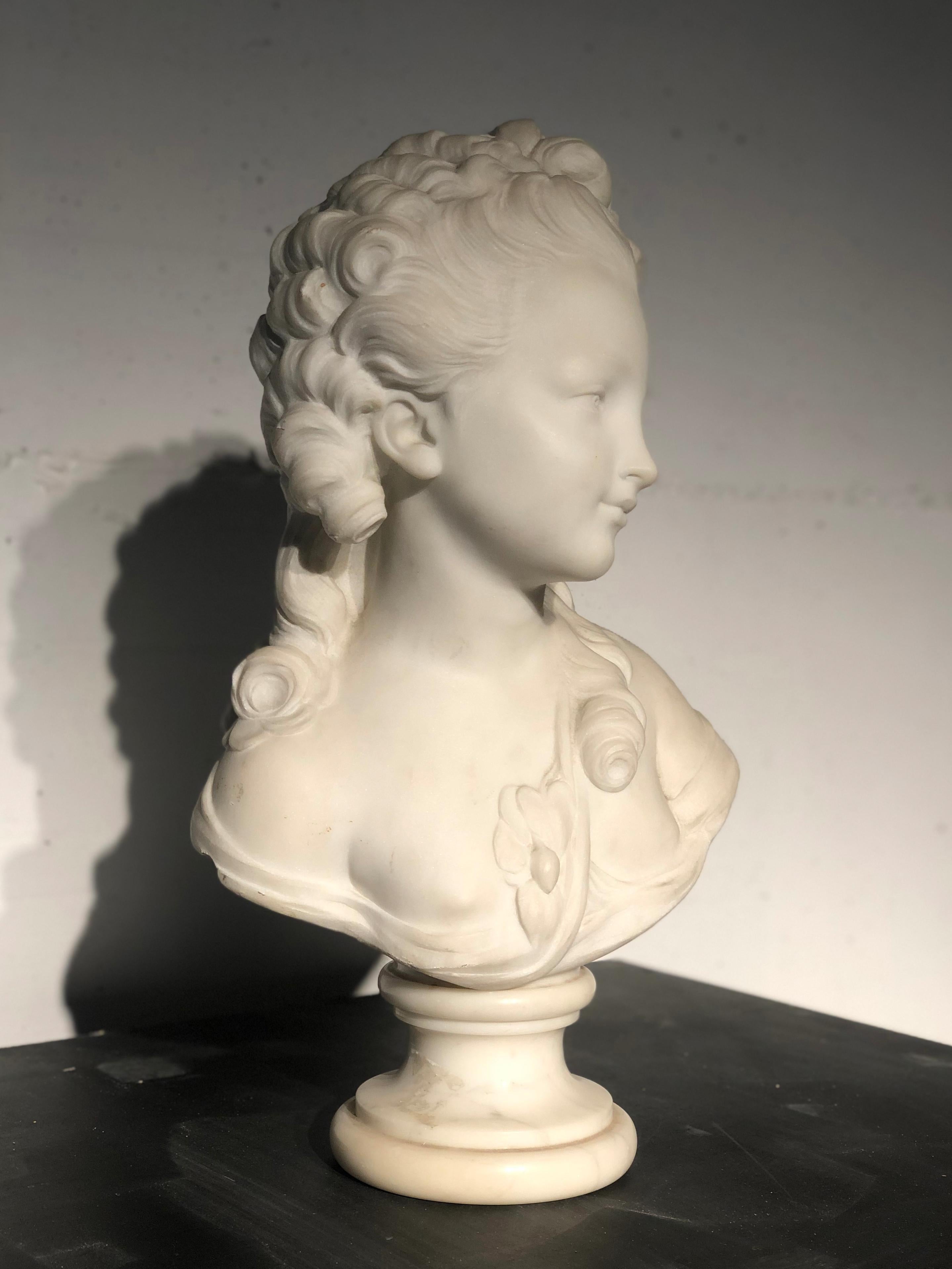 18th Century White Marble Sculpture Bust Young Woman Signed Dated J.B. lemoyne 10