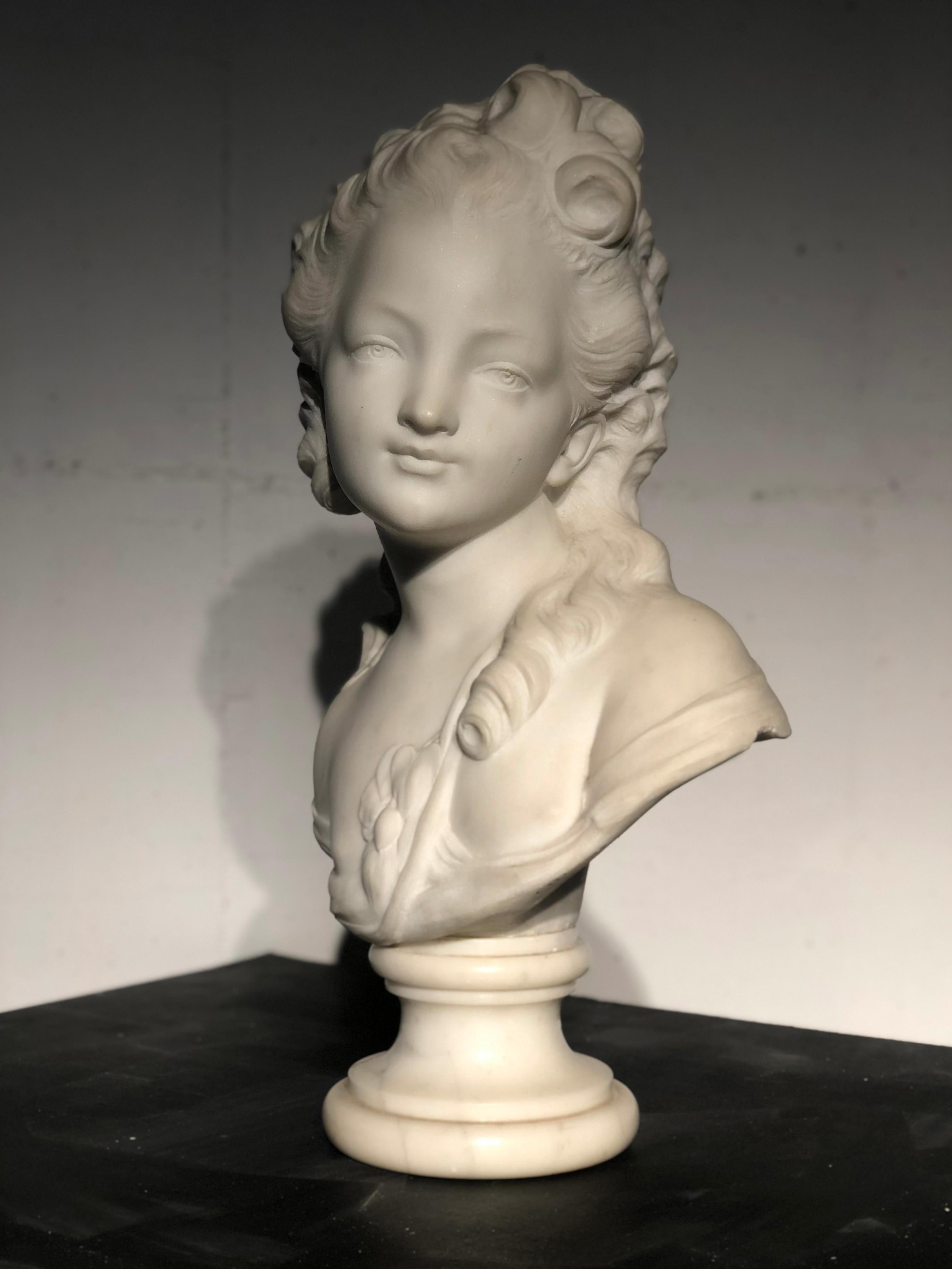 18th Century White Marble Sculpture Bust Young Woman Signed Dated J.B. lemoyne 11