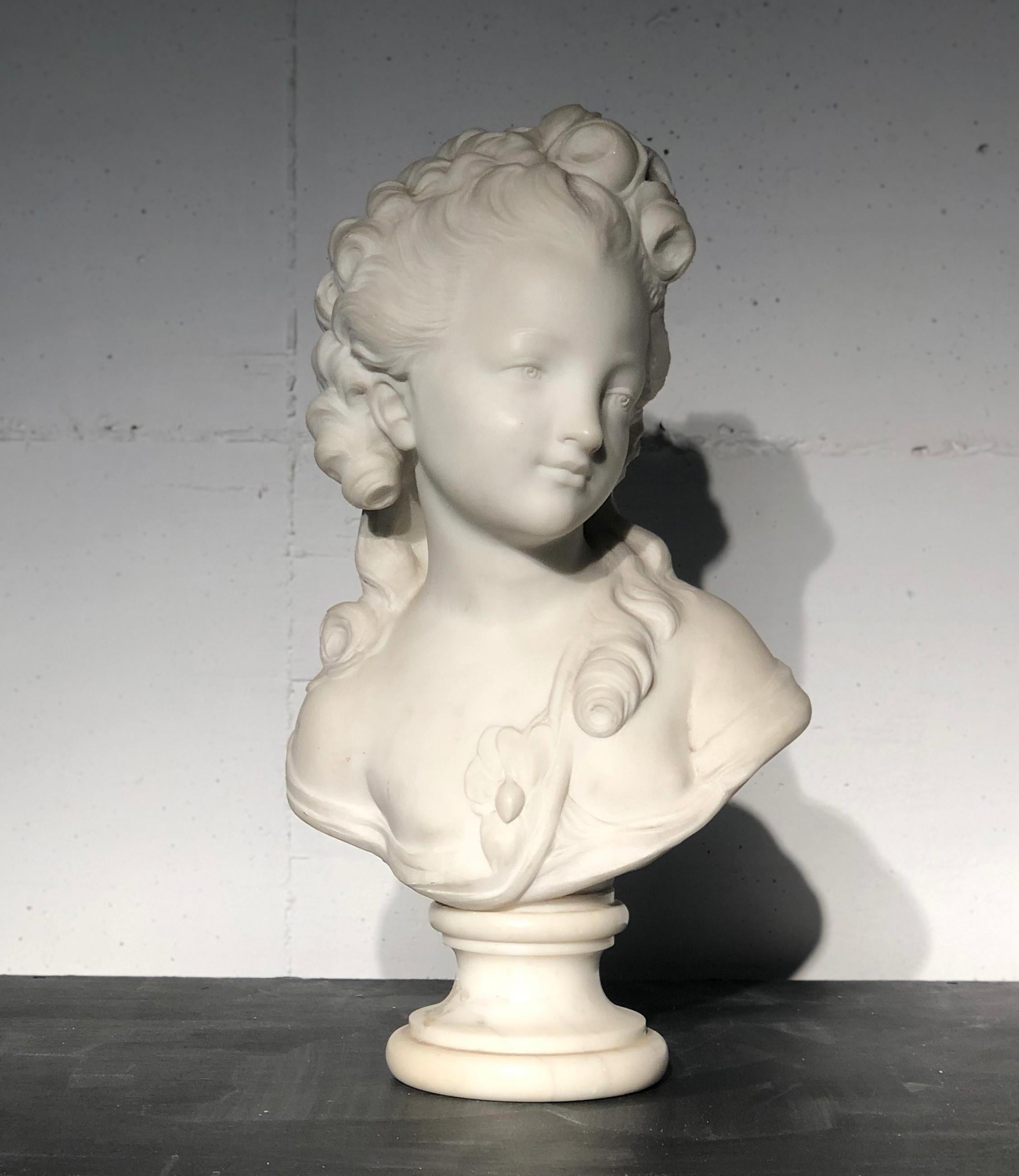 18th Century White Marble Sculpture Bust Young Woman Signed Dated J.B. lemoyne 1