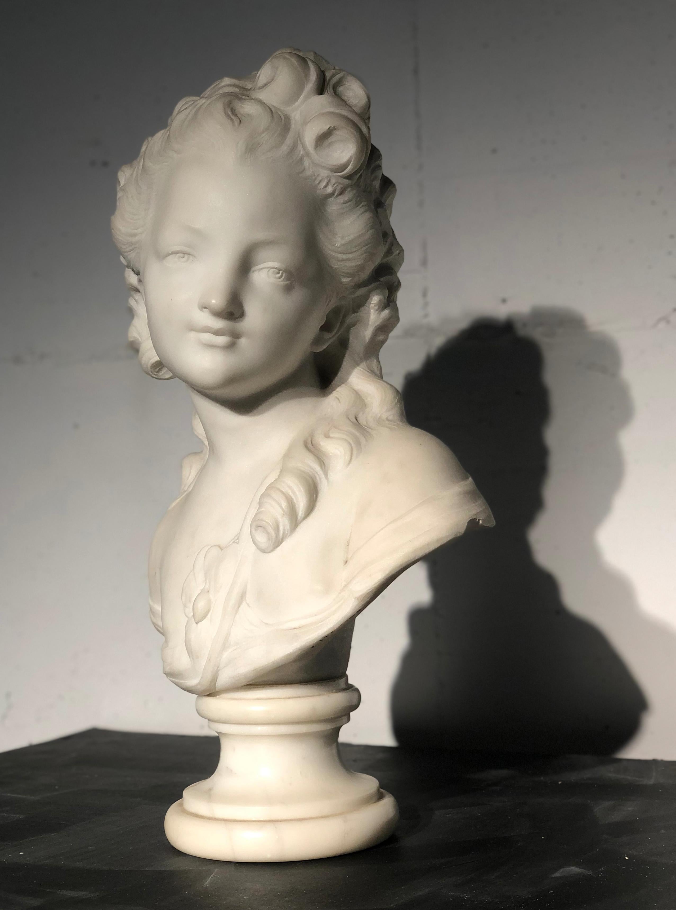 18th Century White Marble Sculpture Bust Young Woman Signed Dated J.B. lemoyne 12