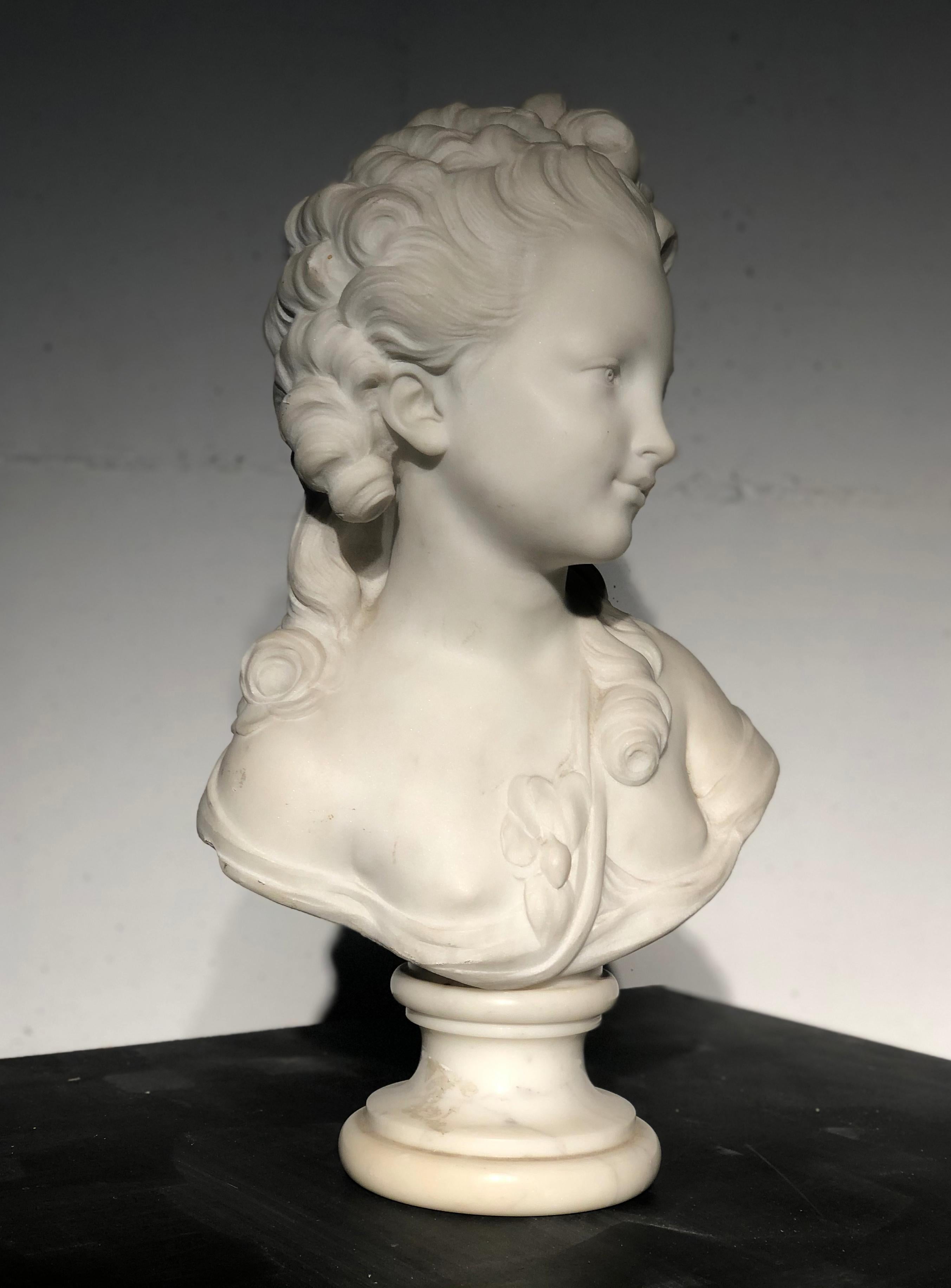 18th Century White Marble Sculpture Bust Young Woman Signed Dated J.B. lemoyne 14