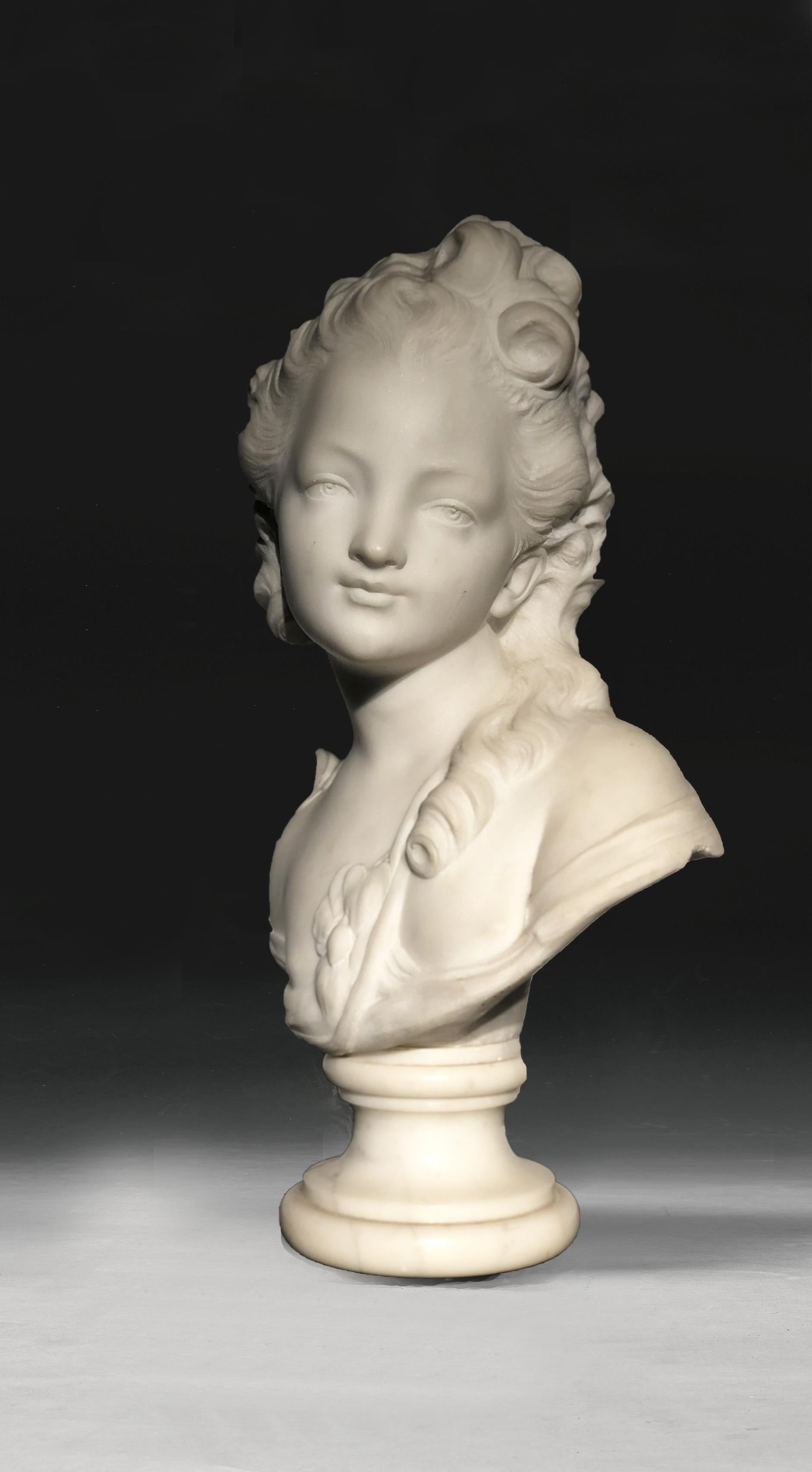 Jean-Baptiste Lemoyne Figurative Sculpture - 18th Century White Marble Sculpture Bust Young Woman Signed Dated J.B. lemoyne