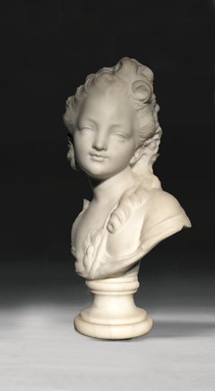 18th Century White Marble Sculpture Bust Young Woman Signed Dated J.B. lemoyne