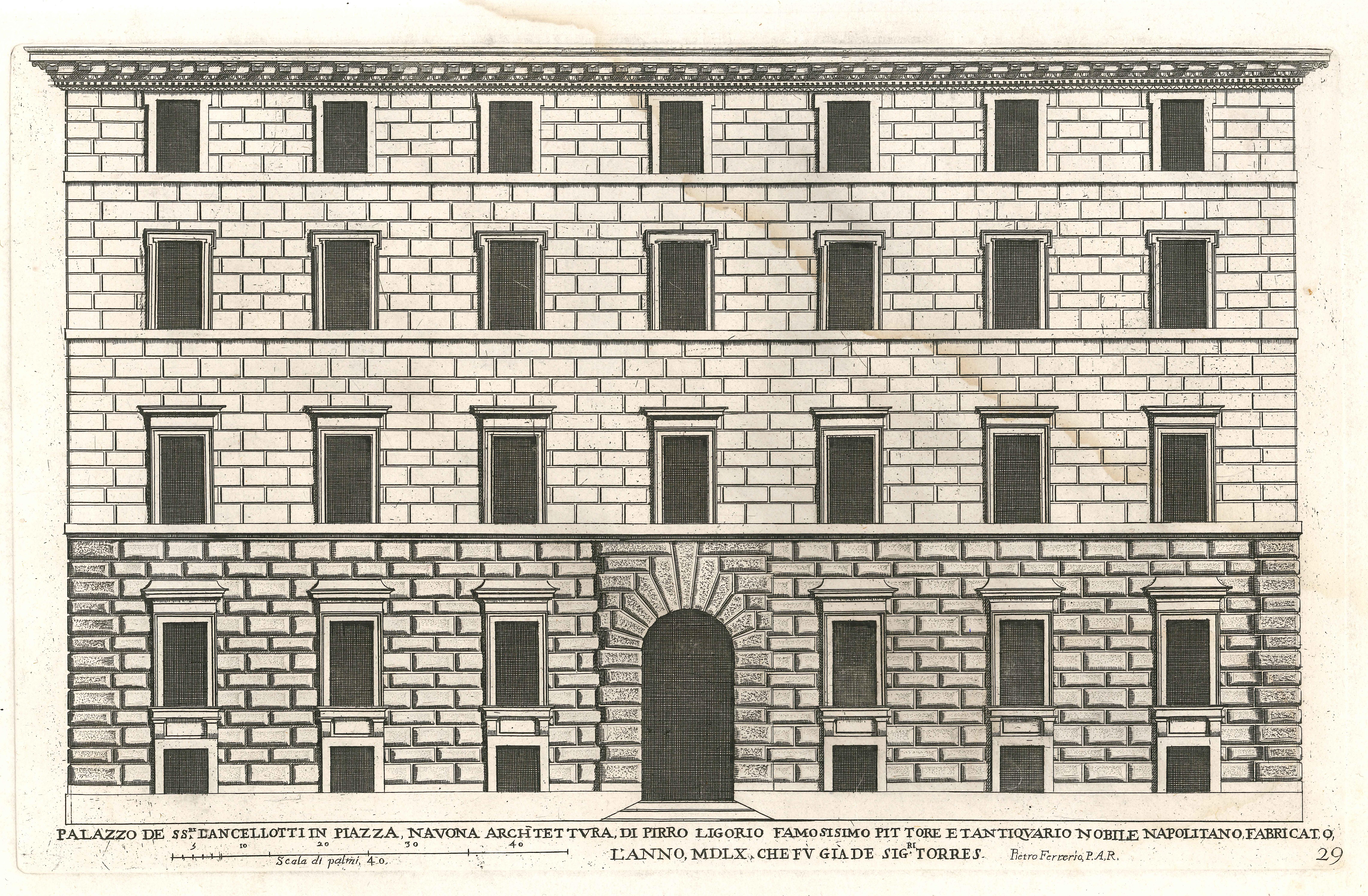Pietro Ferrerio Landscape Print - Engraving with the Front View of The Lancellotti
s Palace in Rome Piazza Navona