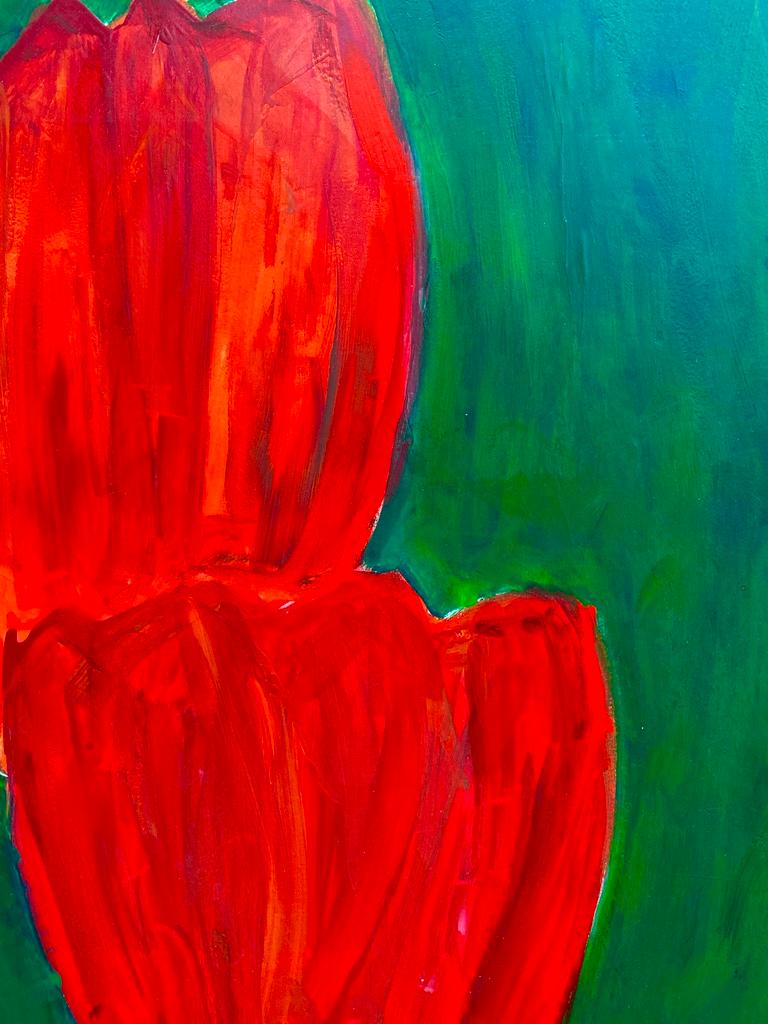Tulips - Green Figurative Painting by Christine Mafart