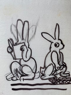 Ein Hase liest sein Buch und ein Kaninchen, östliche Eier, um 1936.