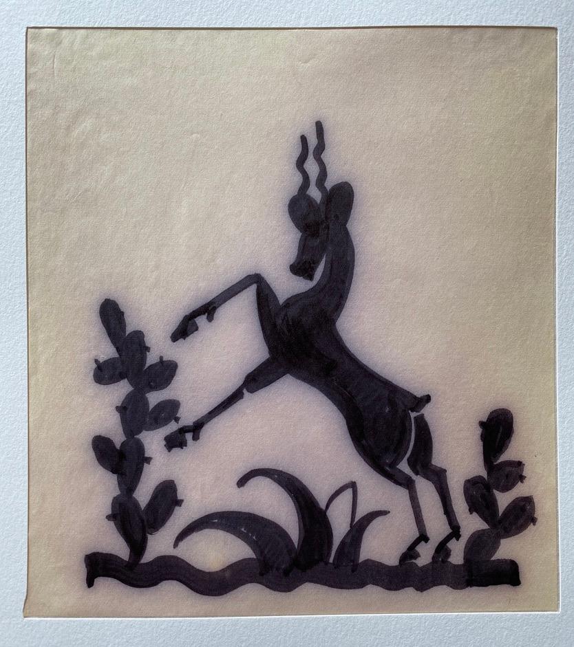 Boris Lovet-Lorski Animal Art - Art Deco Silhouette of a Rearing, Cervicapra Antelope in an Arid Landscape. 
