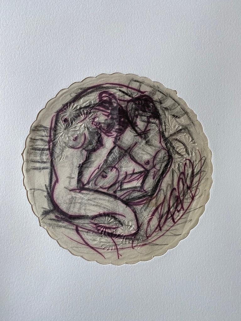 Boris Lovet-Lorski Figurative Art - Amorous Couple on an Embossed Paper Doily.