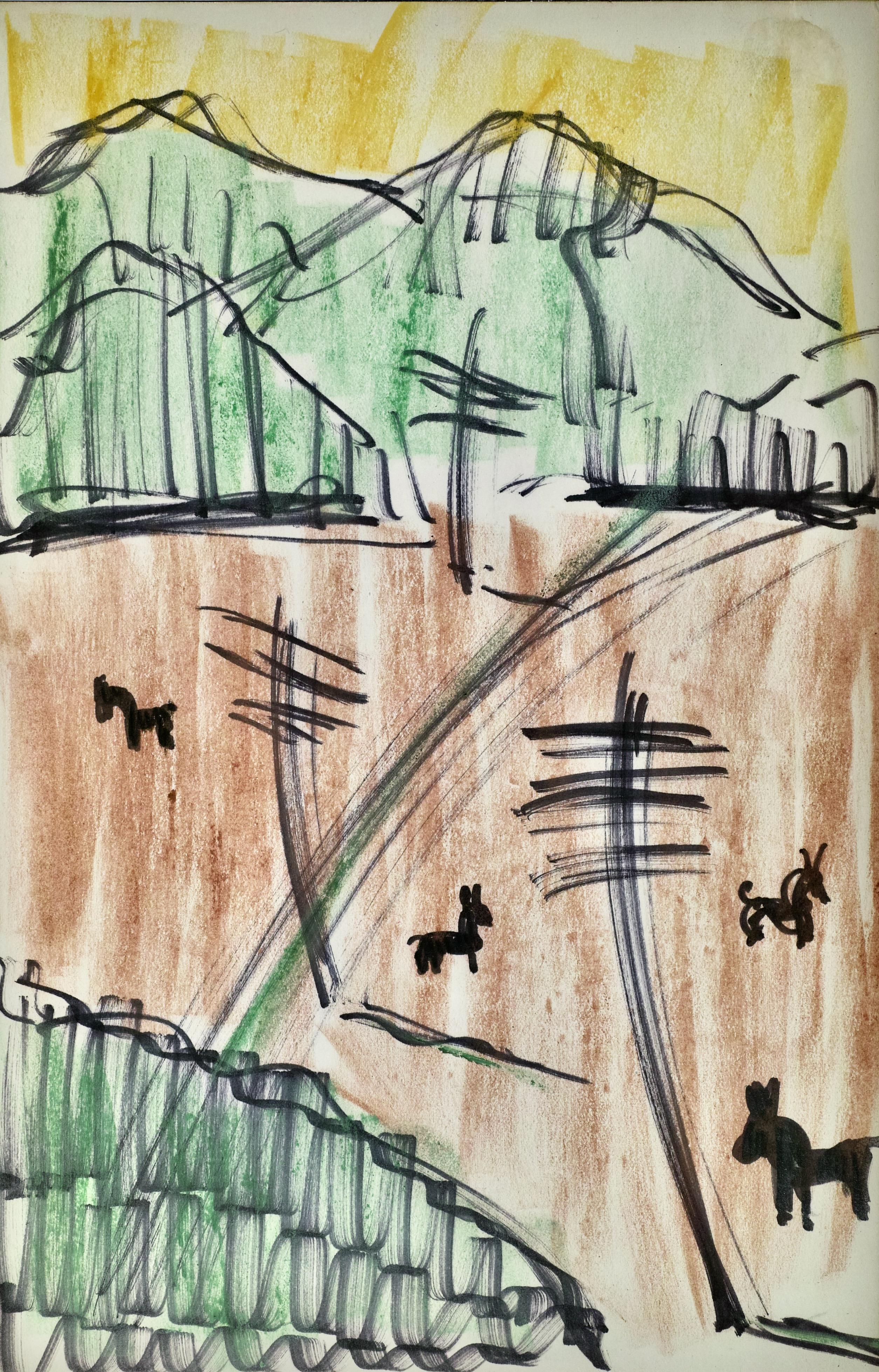 Boris Lovet-Lorski Landscape Art - Arizona Landscape with Horses; Mountains and Telephone Poles.