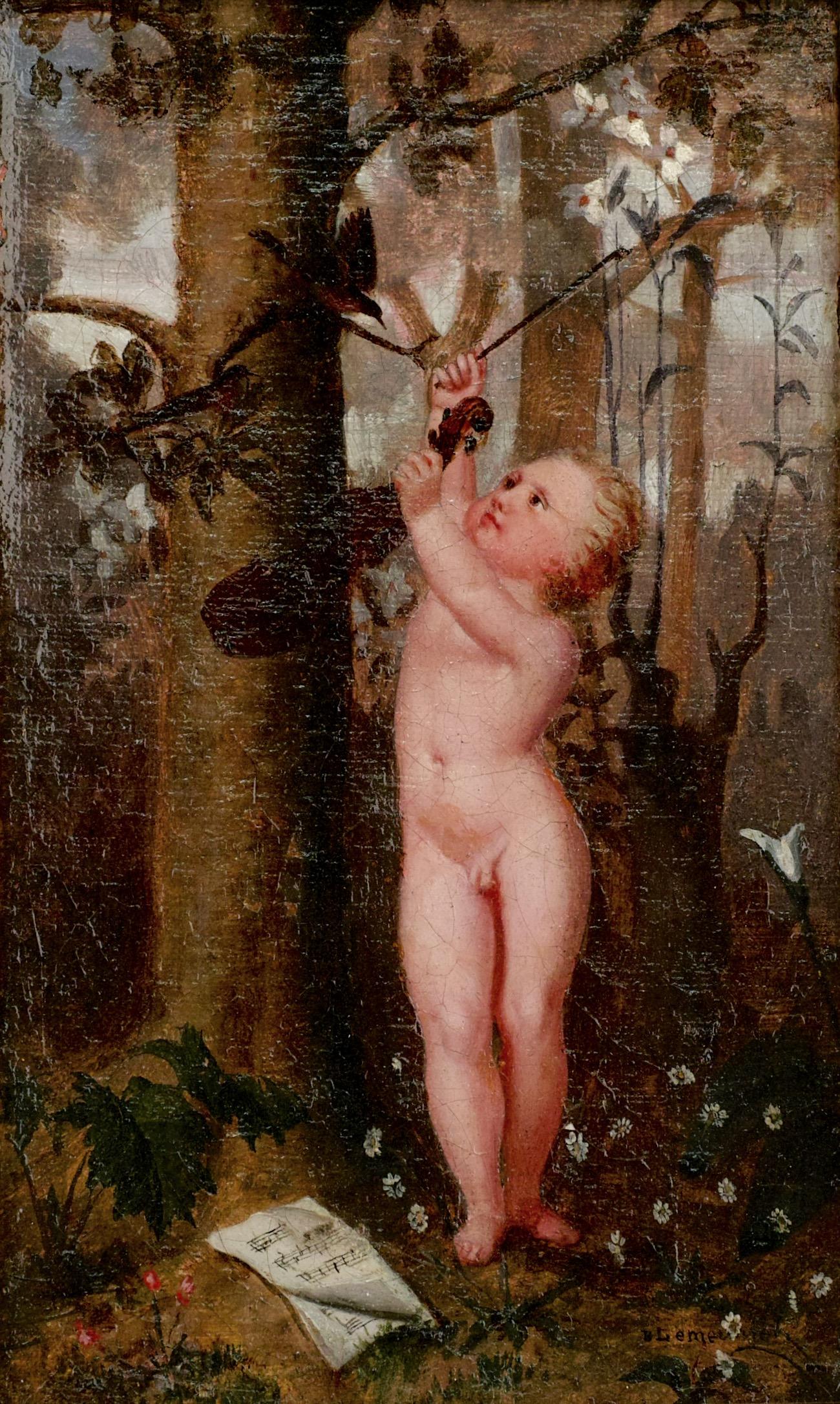 The Child Mozart, a Spirit of Music, Conducts the Starling with his bow - Painting by Basile Lemeunier