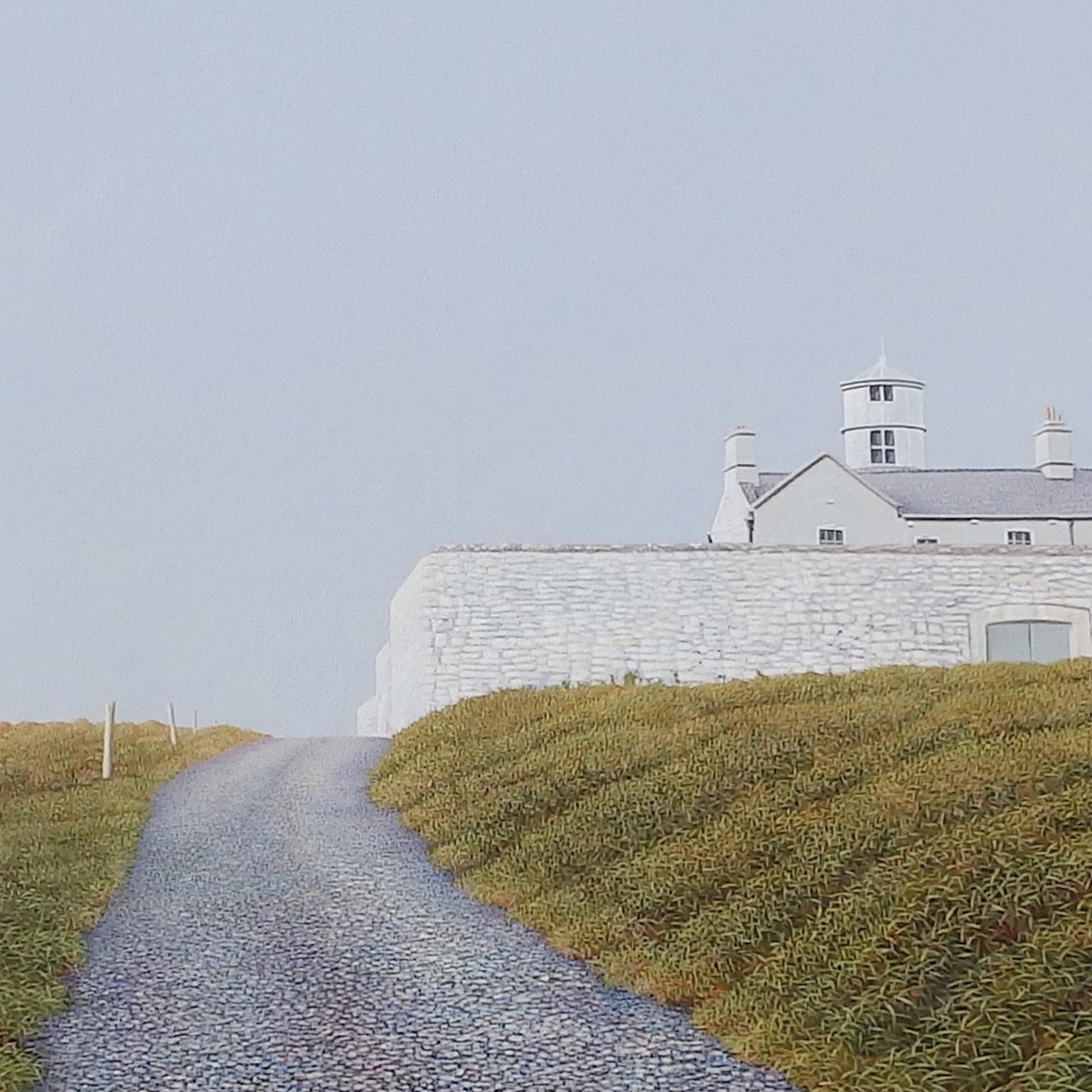 Galley Head Lighthouse - Contemporary Hyper Realist Landscape Acrylic Painting - Gray Landscape Painting by Reinder Ourensma