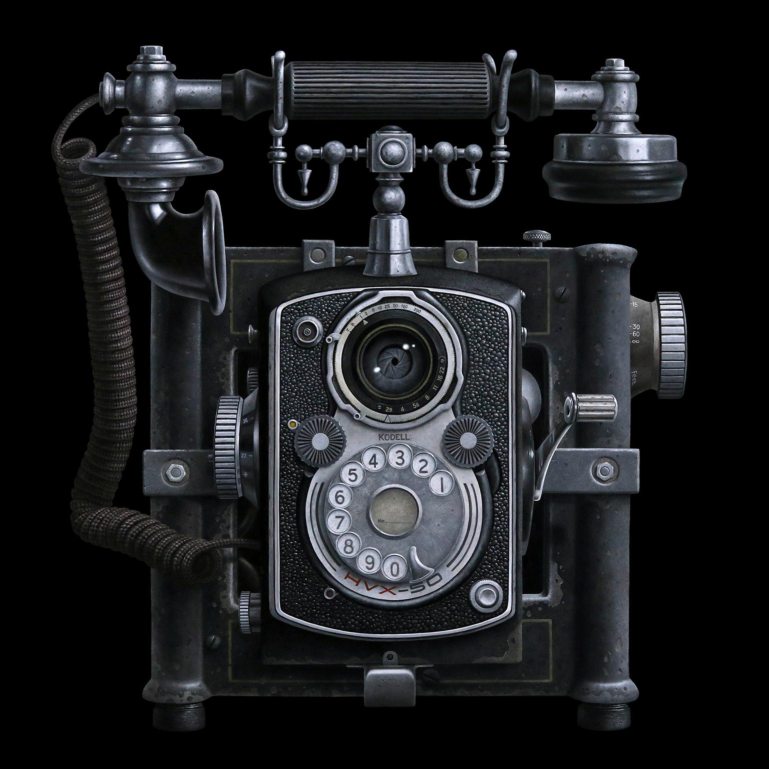 Jeff Bartels Figurative Painting - Contemporary Hyper Realist Oil Painting : Antique Phone and Camera