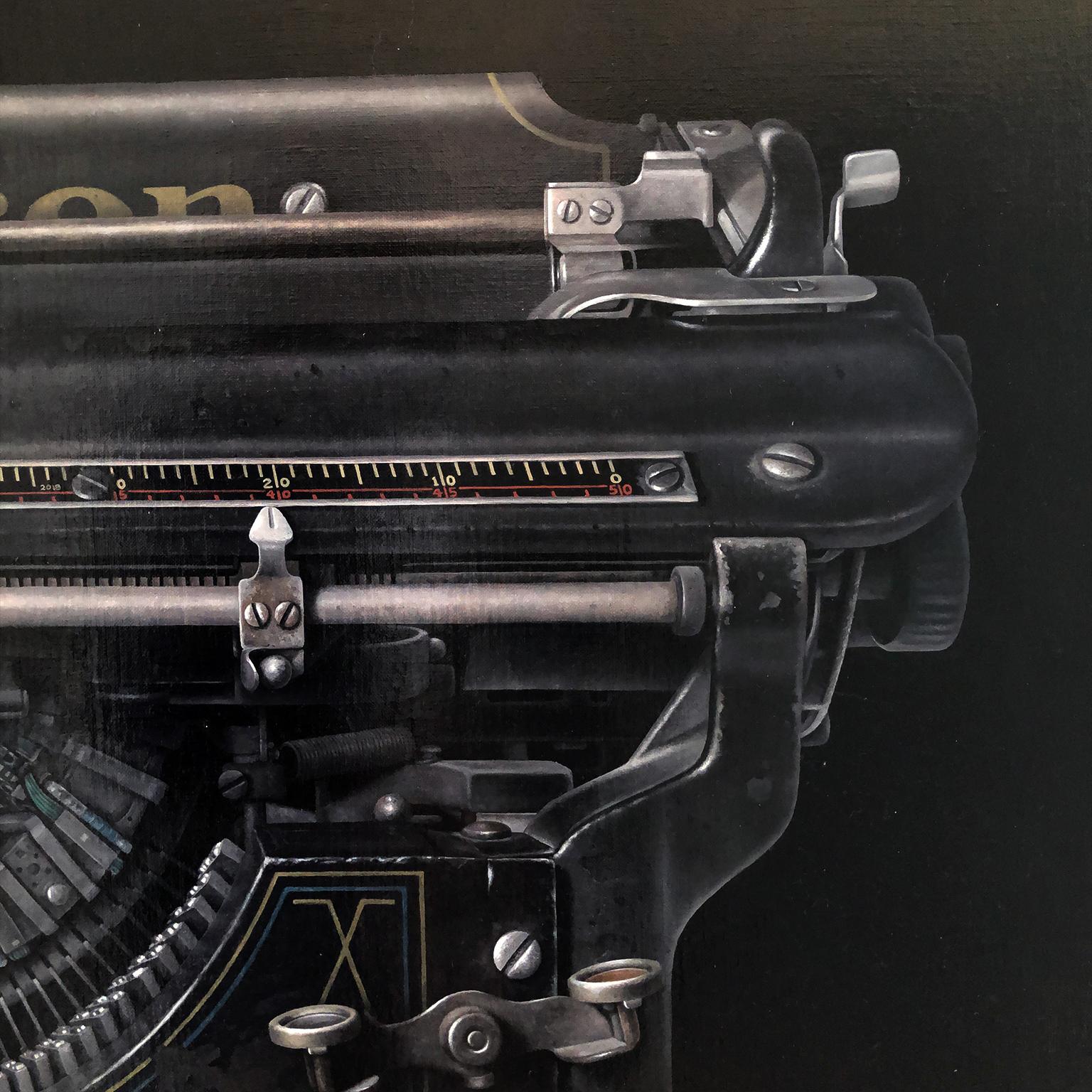 Contemporary Hyper Realist Oil Painting : The Hadron Typewriter - Black Figurative Painting by Jeff Bartels
