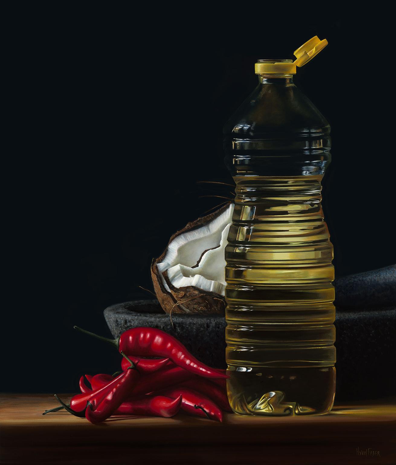 Contemporary Hyper Realist Acrylic Painting : Bottle of Oil I Heidi von Faber

Those who enjoy soothing and powerful still lifes will certainly appreciate Heidi von Faber’s work. The artist from The Hague paints still lifes in which the influence of