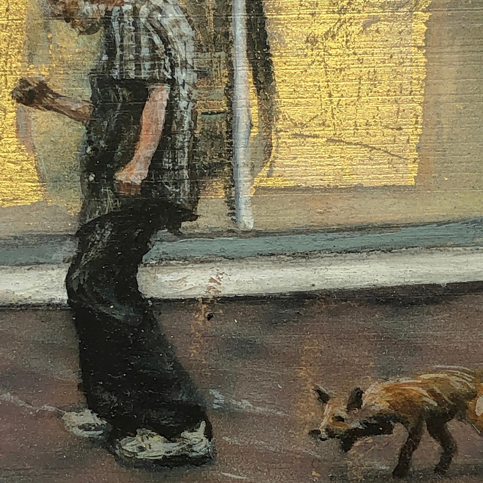 Contemporary Hyper Realist Oil Painting: Fox In The City - Houston - Gold Portrait Painting by Marissa Oosterlee