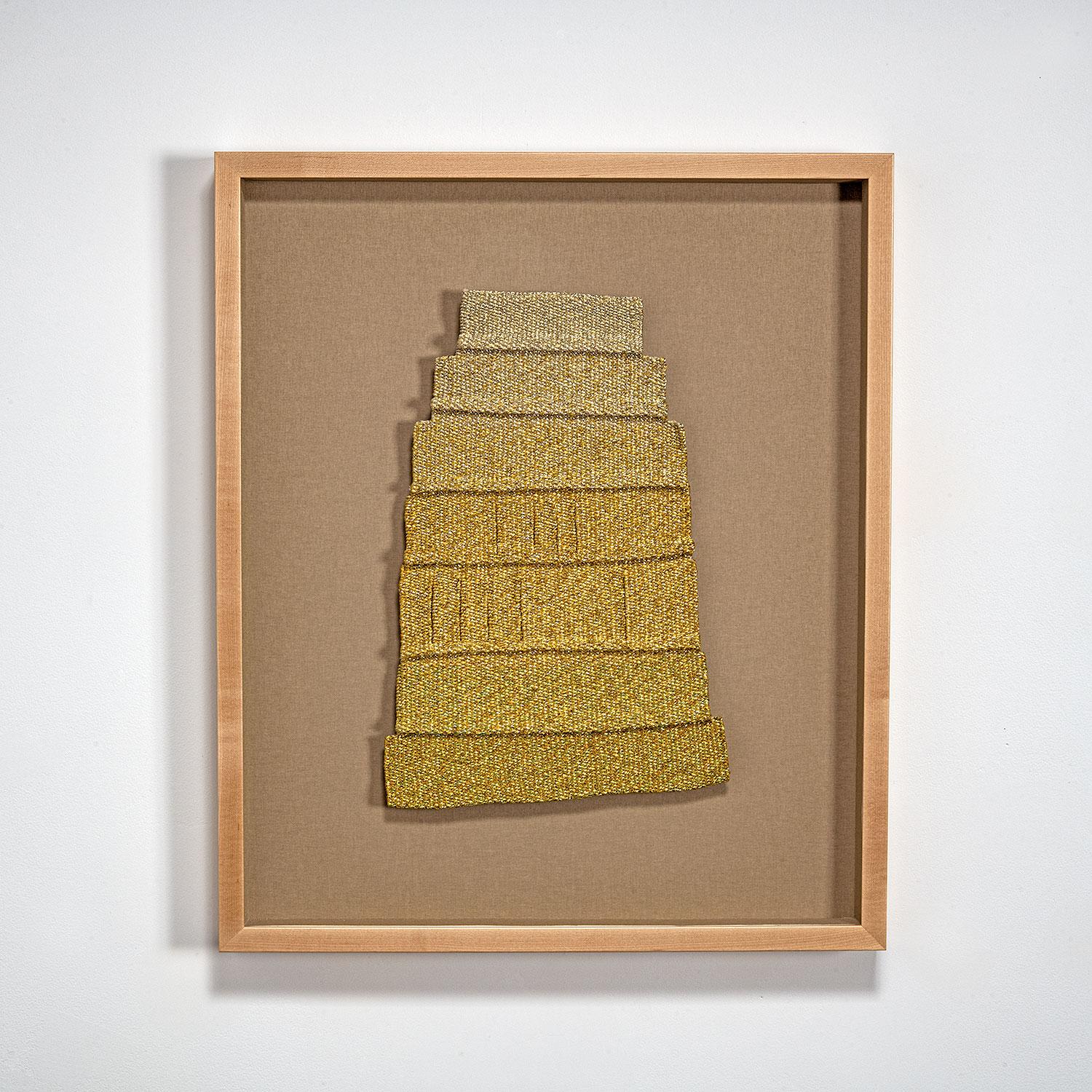 Micheline Beauchemin Abstract Sculpture - Gold Laugh, Post-Modern Metallic Woven Abstract Textile Sculpture/Embroidery