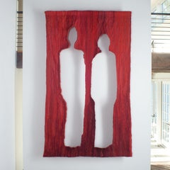 Pair, Red Woven Abstract Tapestry of Figures, Textile Sculpture