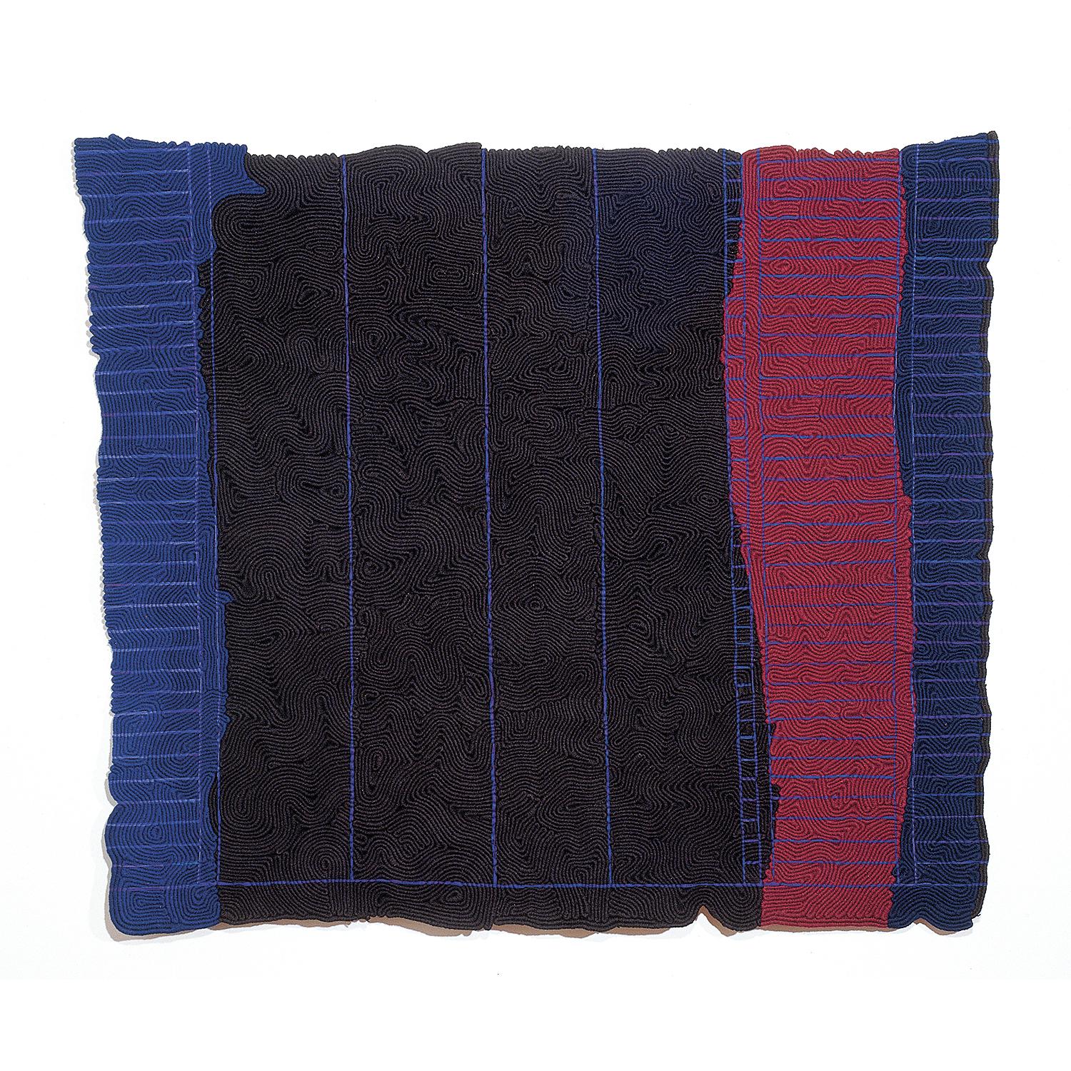 Kari Stiansen Abstract Sculpture - Black No II Blue, Red, Hand-Woven Tapestry, Textile Wall Sculpture