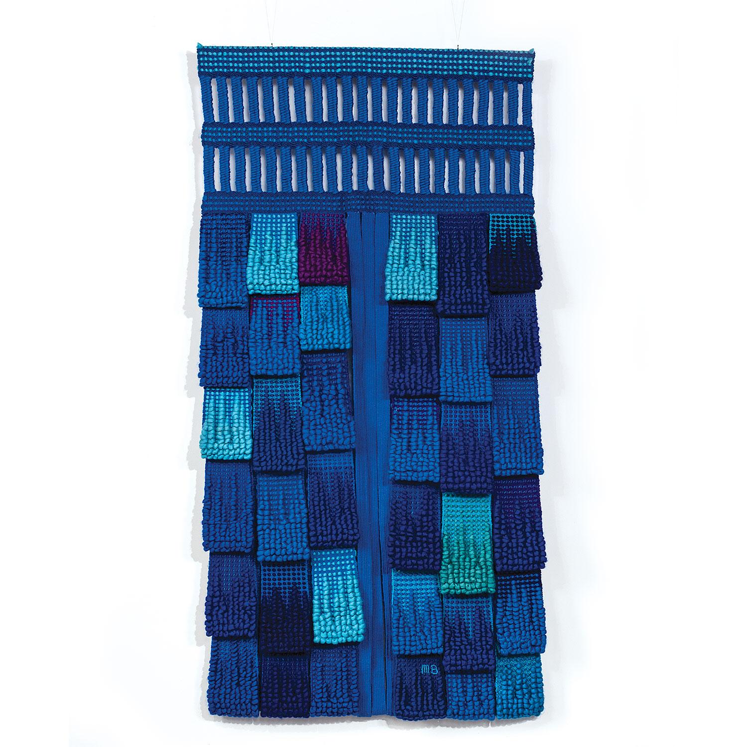 Micheline Beauchemin Abstract Sculpture - Totem aux Millefleurs Bleues, Blue Woven Tapestry, Textile Wall Sculpture