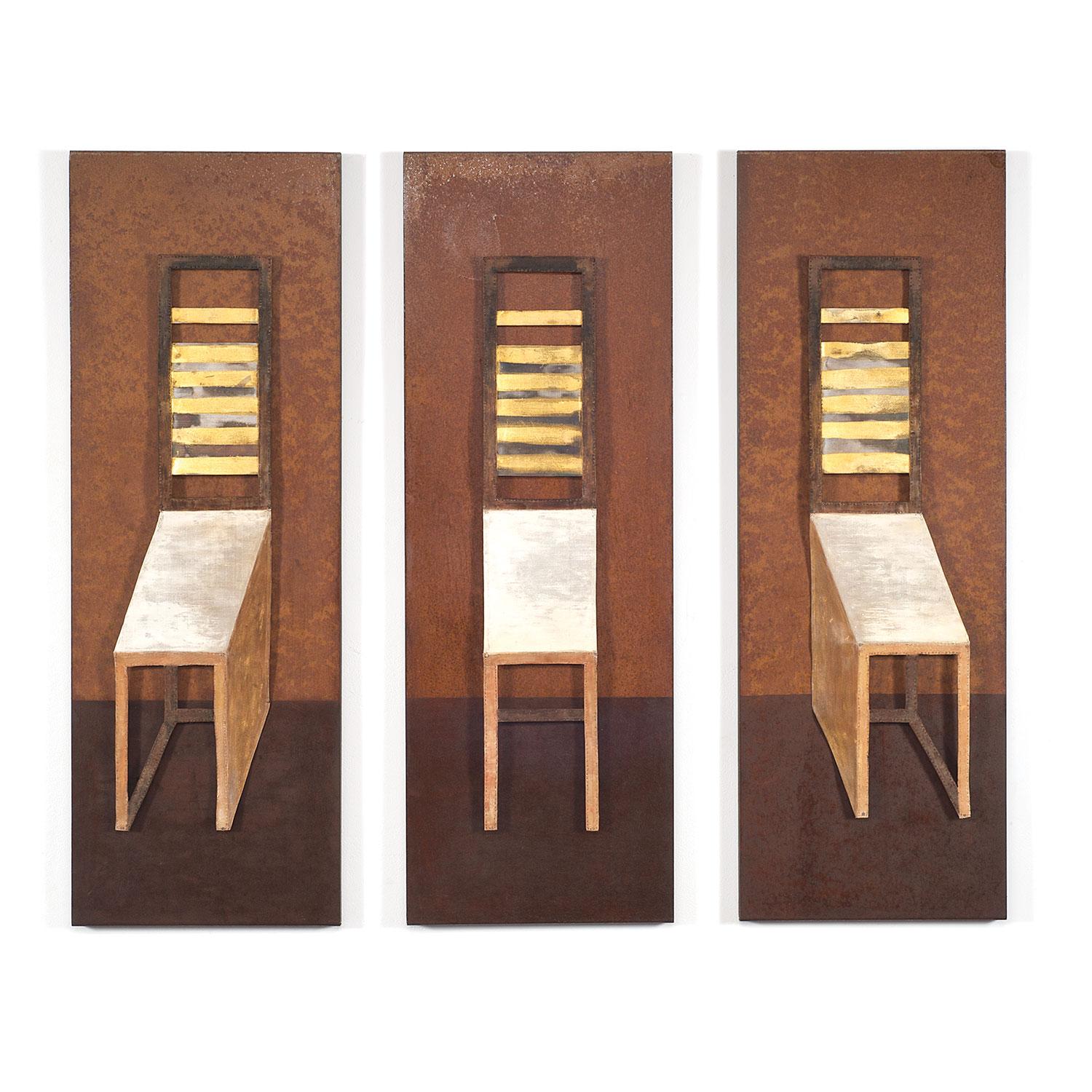 "Three Chairs" Mixed Media Triptych, Modern Textile Wall Hangings