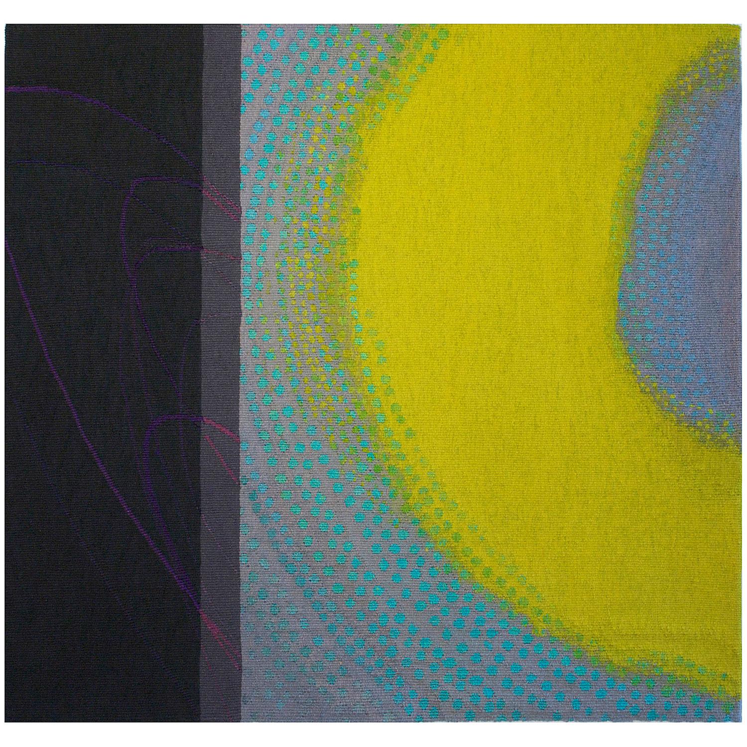 Limettenglühen,  Jo Barker, gewebt auf Baumwollkette unter Verwendung von Wolle, Baumwolle, Leinen, Seide und Stickgarn, 29" x 30,75" x  1.5", 2010

Dieses farbenfrohe zeitgenössische abstrakte Textil stammt von der britischen Faserkünstlerin Jo