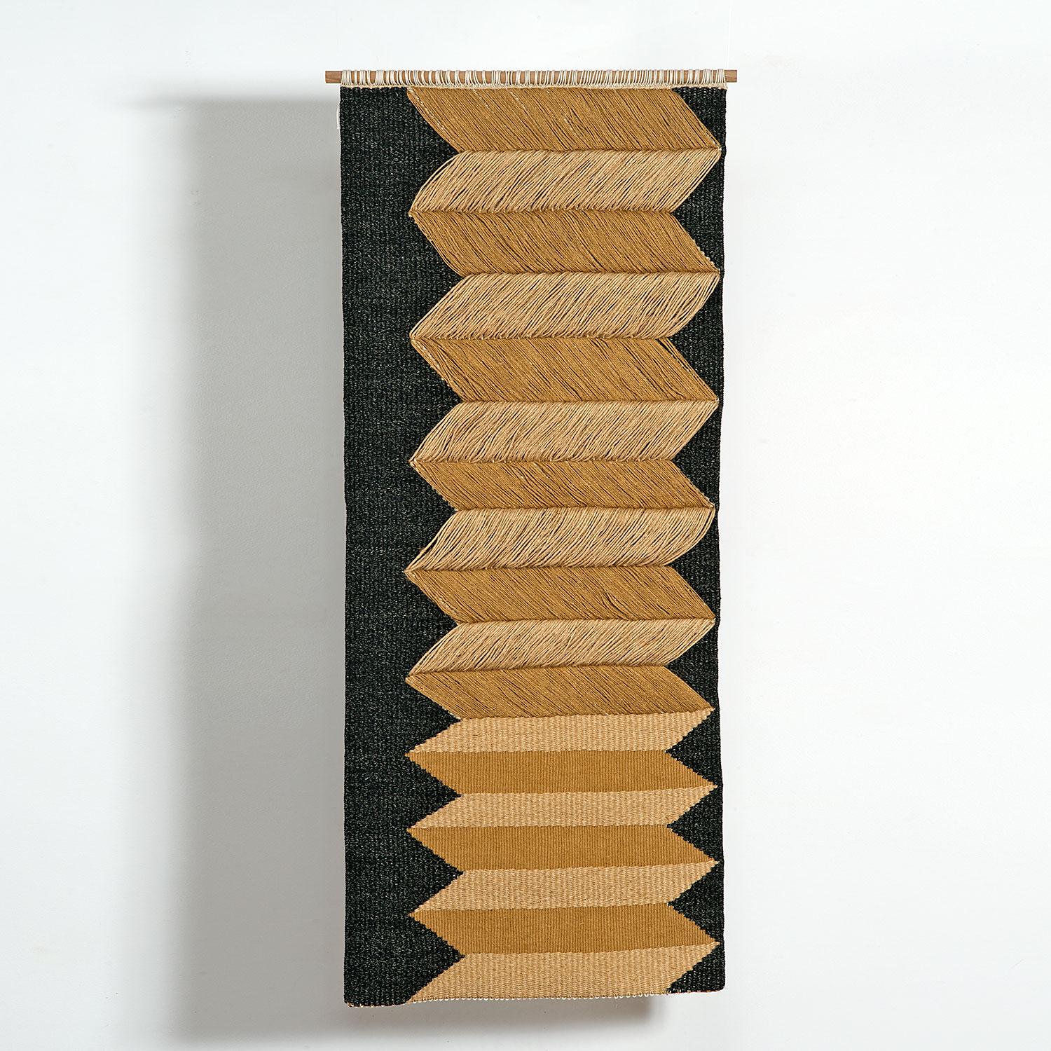 This handwoven contemporary textile sculpture, Brocado en Lino, was done by Chilean fiber artist, Carolina Yrarrázaval (b. 1960). Yrarrázaval explains her inspiration and technique: 

"Throughout my entire artistic career I have devoted myself to