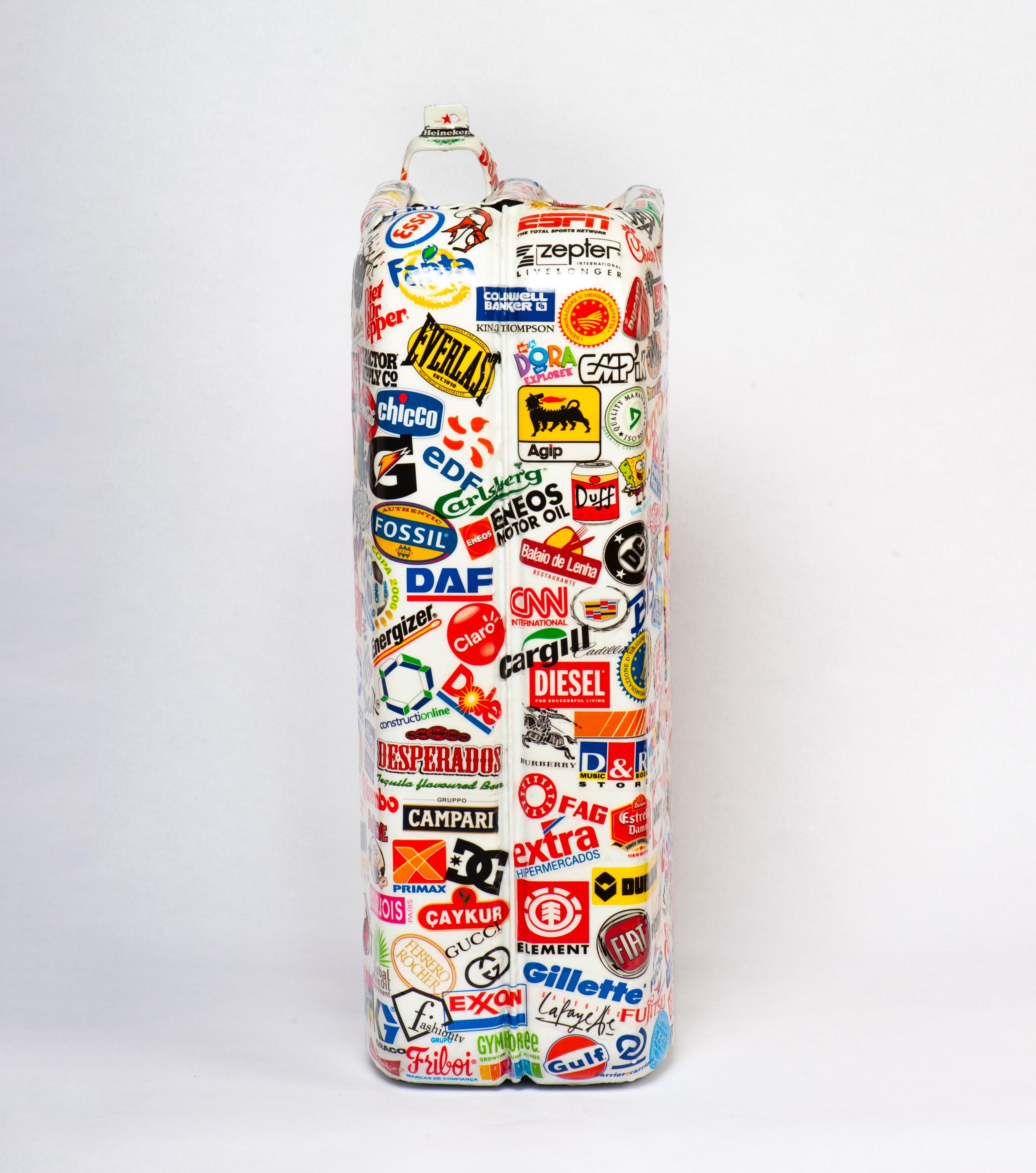Metal Jerrycan Sculpture with Sticker Ornaments - Contemporary Mixed Media Art by Alain Brioudes