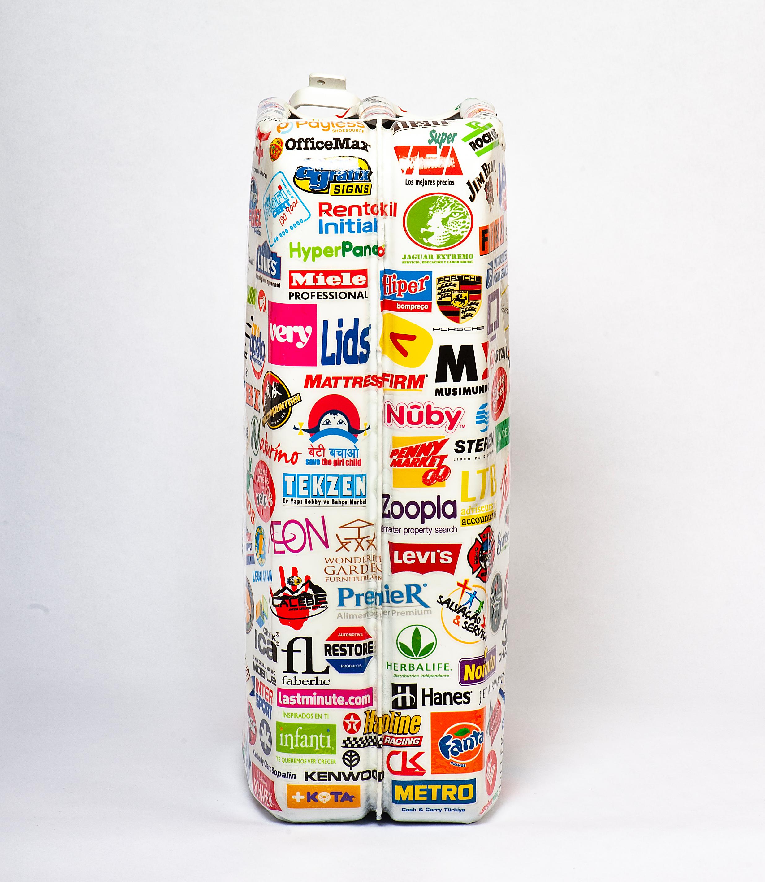 Metal Jerrycan Sculpture with Sticker Ornaments  - Contemporary Mixed Media Art by Alain Brioudes