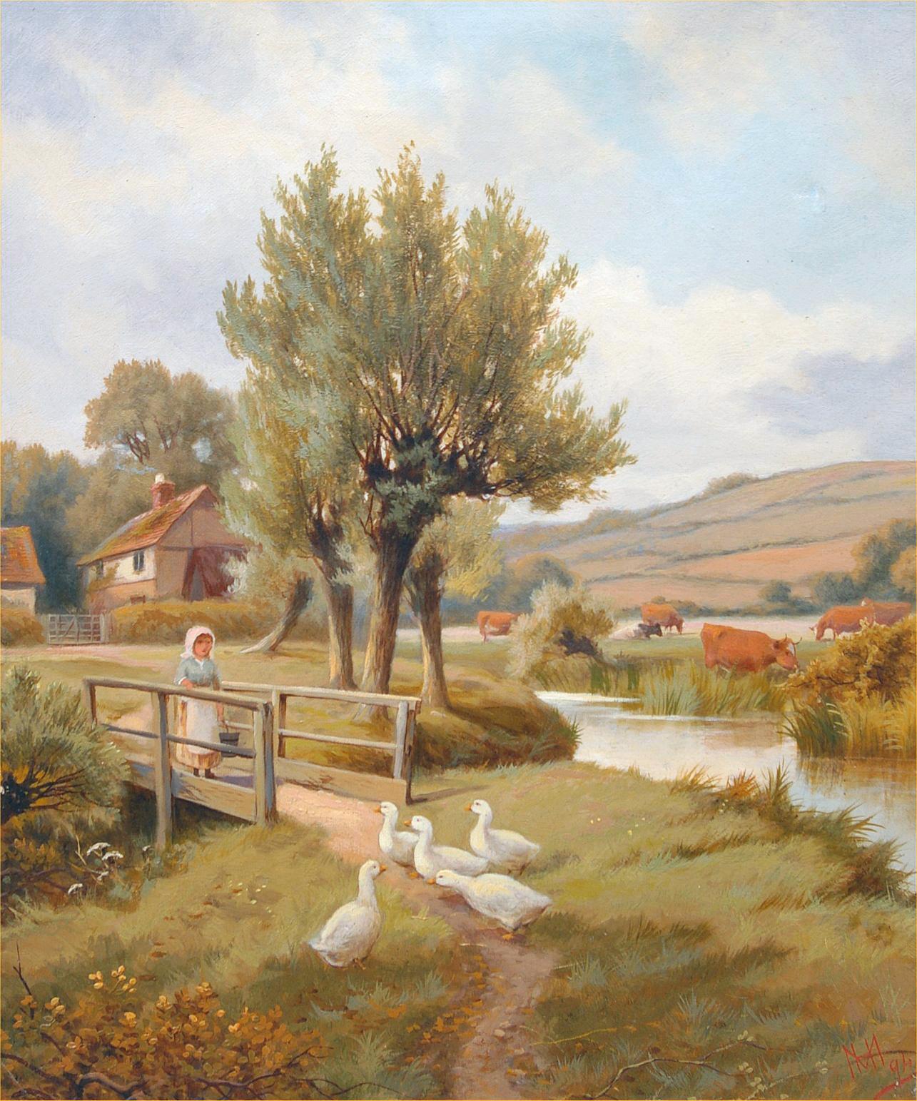 Landscape Painting Henry Maidment - Nourrir les canards