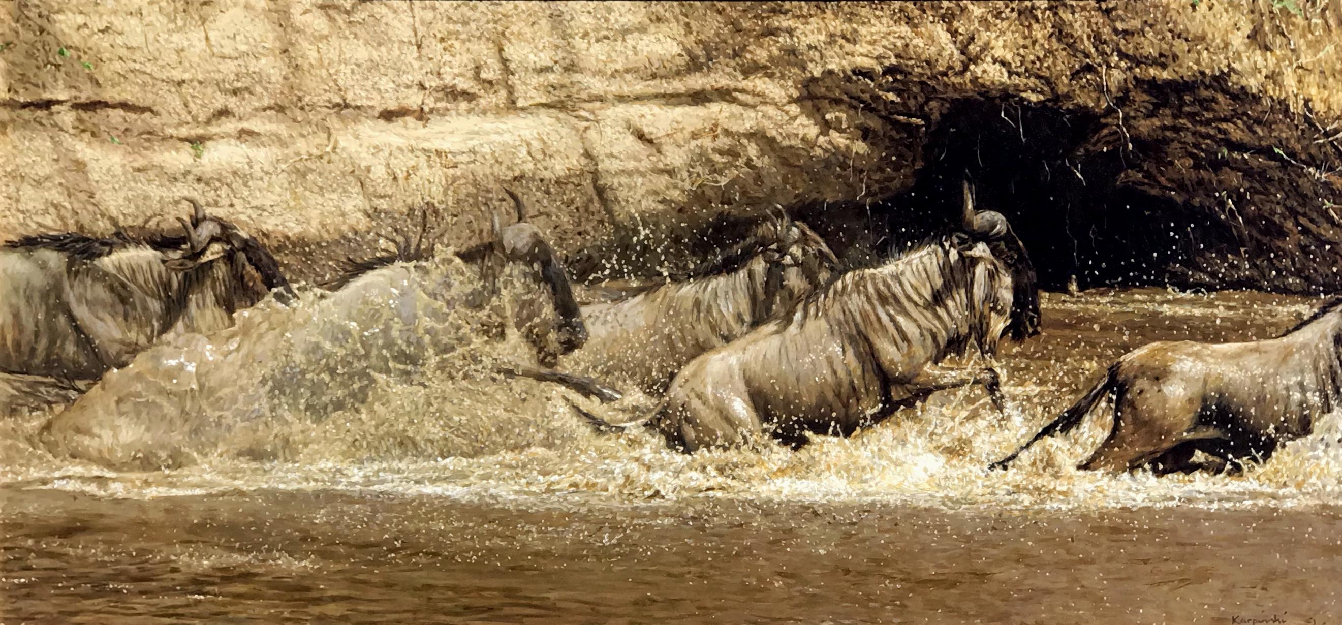 Wildebeest Crossing - Painting by Tony Karpinski