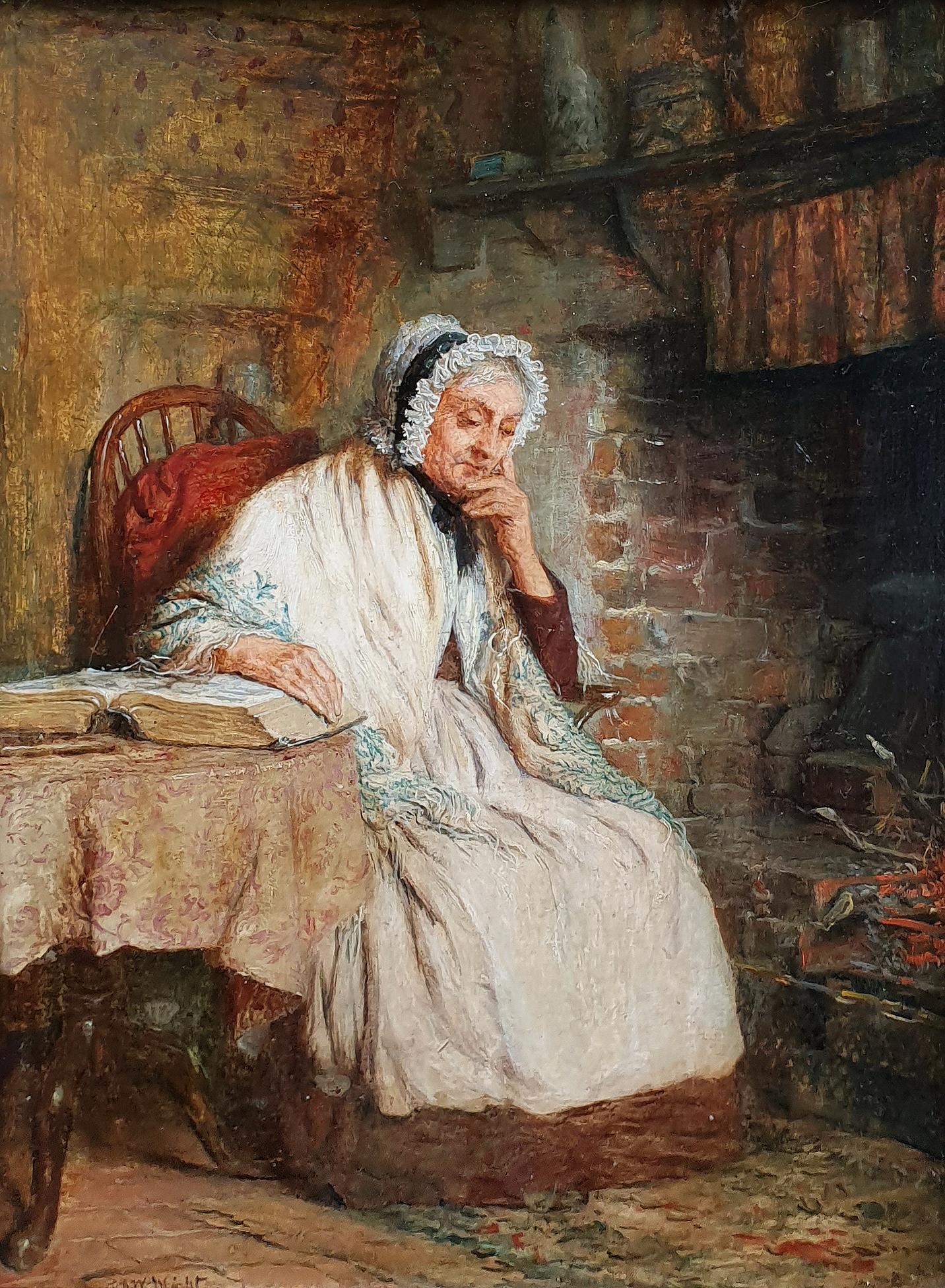 « A Fireside Read » et «Threading the Needle » (Paire) - Marron Interior Painting par Robert W Wright